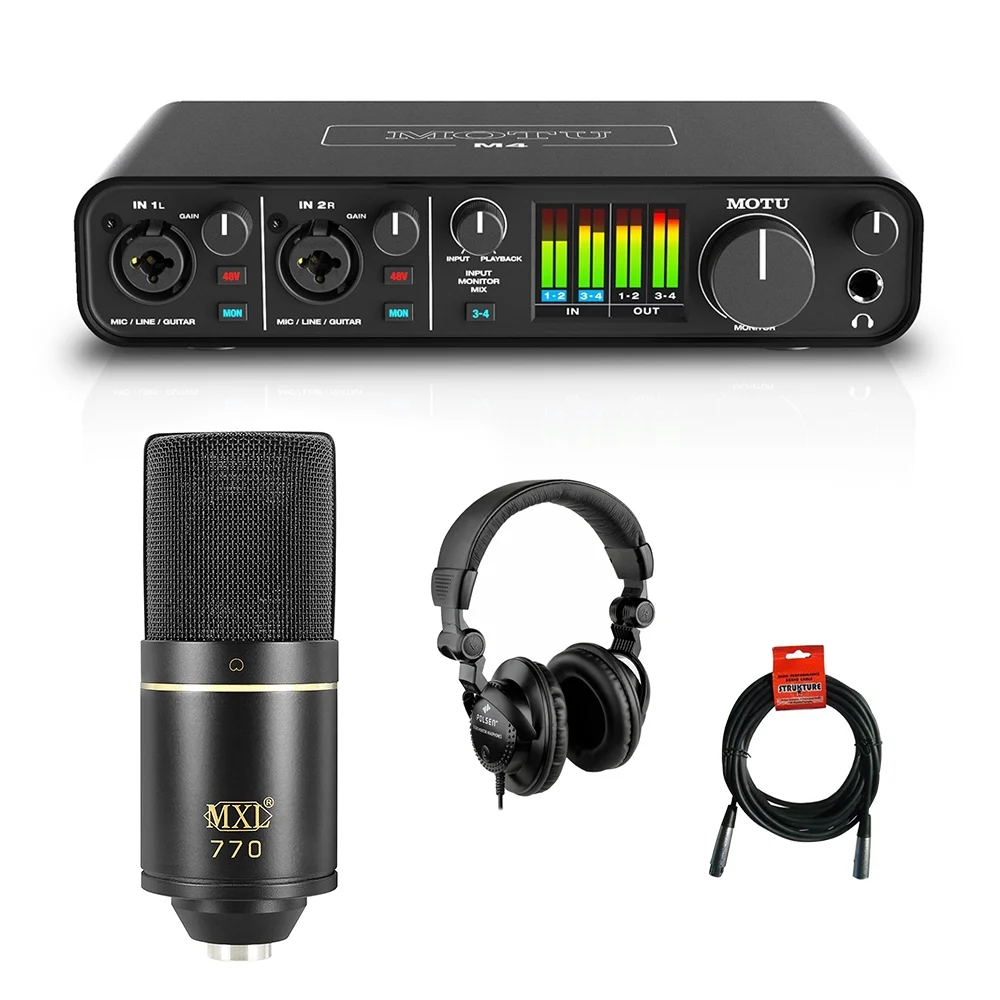 Motu M4 4x4 USB Audio Interface with MXL 770 Cardioid Mic , Headphones & XLR Cable for Recording
