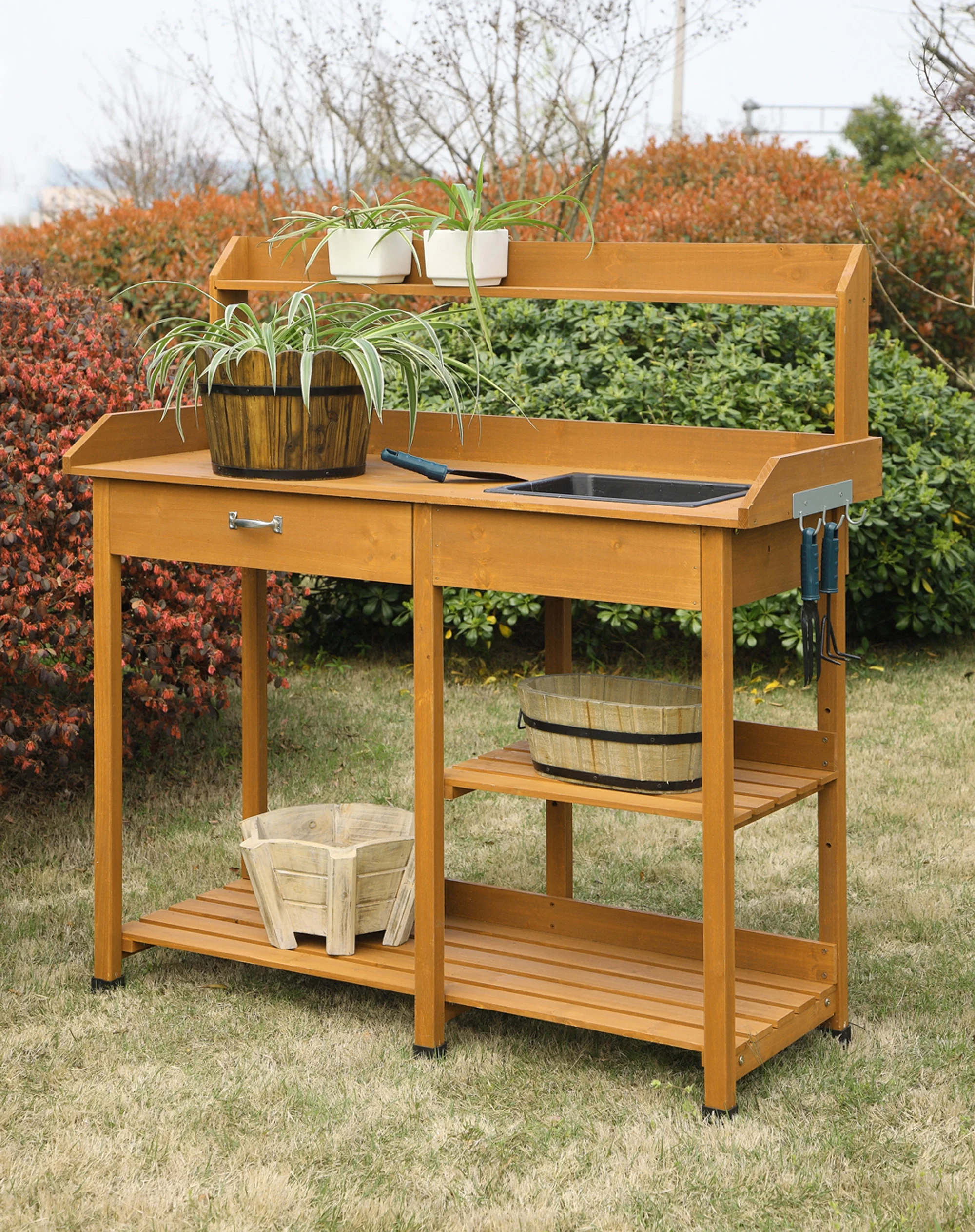 Convenience Concepts Deluxe Garden Potting Bench with Drawer and Shelves, Light Oak Wood Finish