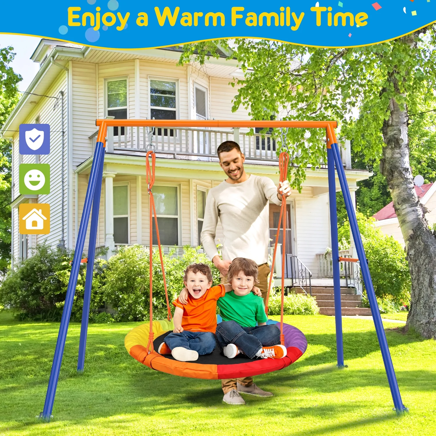 GIKPAL Swing Sets for Outside 440lbs Swing Set for 2-3 Kids Outdoor with Heavy-Duty Metal Frame & Adjustable Ropes Round Swing, Rainbow