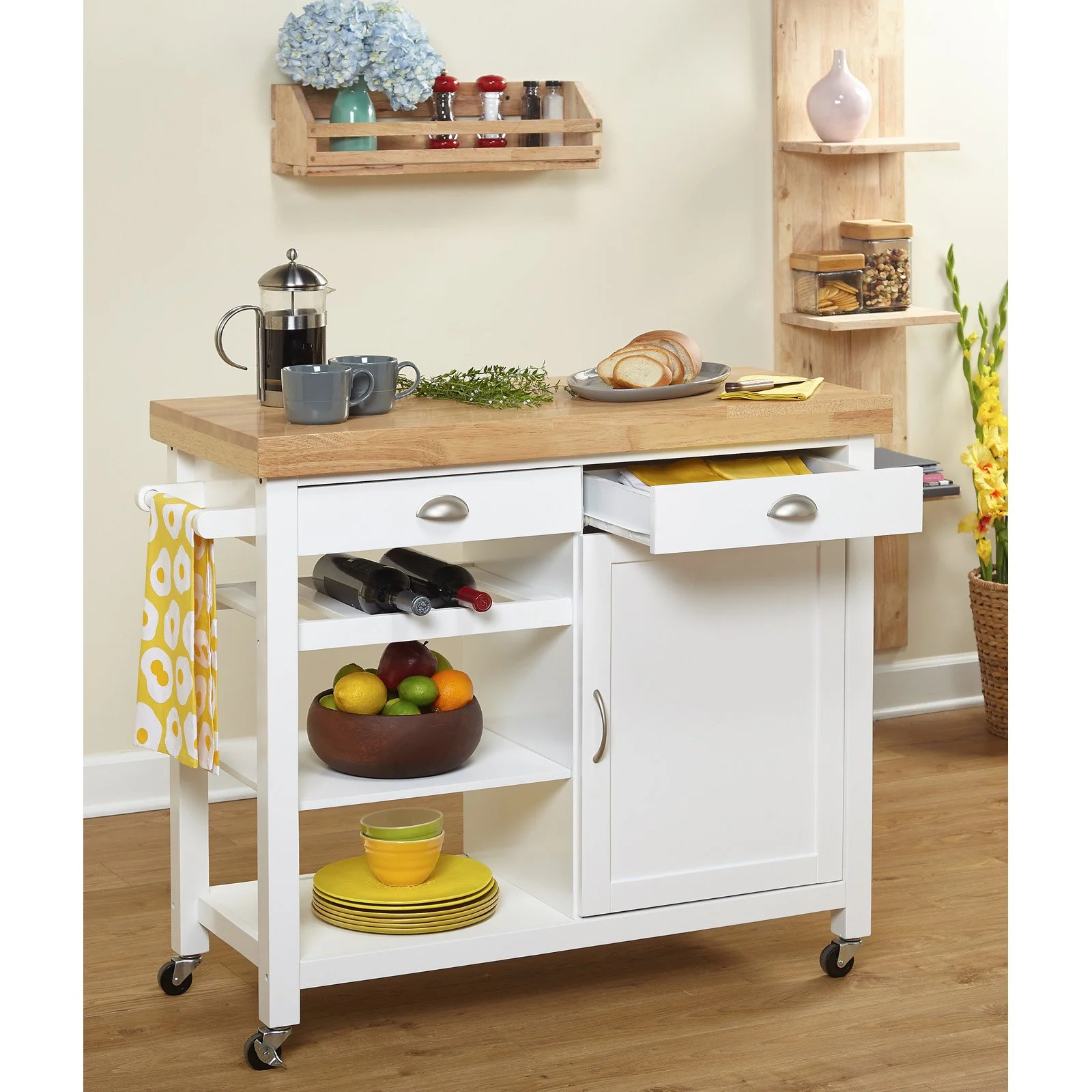 TMS Martha Butcher Block Rolling Kitchen Island with Cabinet, Drawers, Shelves, and Towel Rack, White