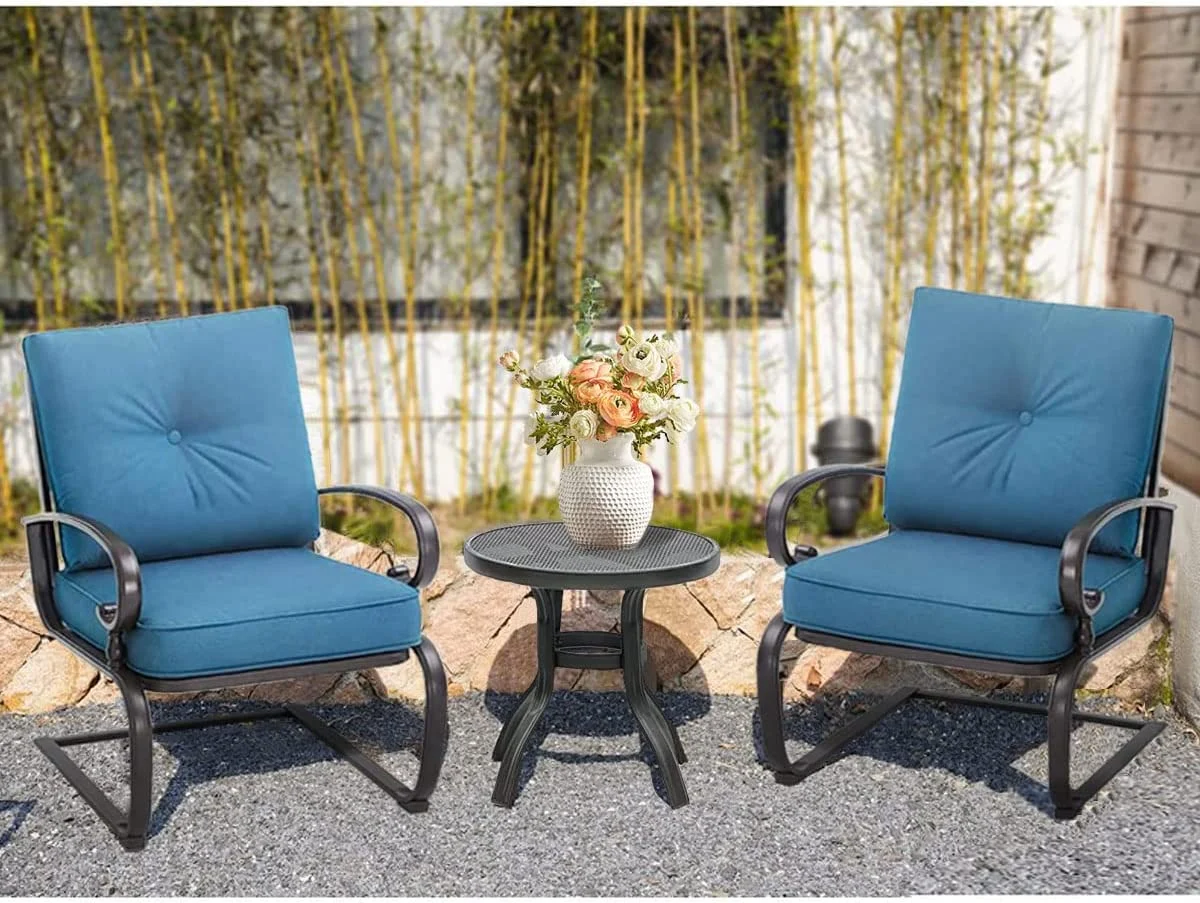 Oakmont Outdoor Bistro Set 3-Piece Spring Metal Lounge Cushioned Chairs and Bistro Table Set Wrought Iron Cafe Furniture Seat,Peacock Blue