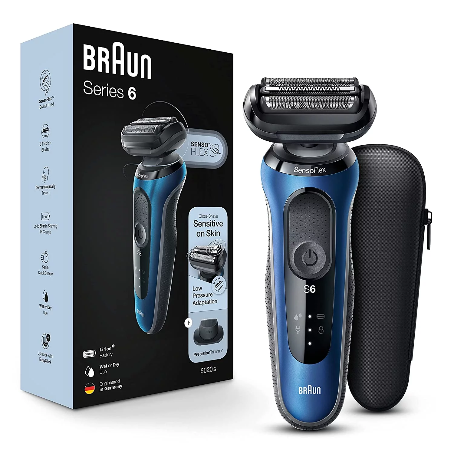 Electric Razor for Men, Series 6 6020s SensoFlex Electric Foil Shaver with Precision Beard Trimmer, Rechargeable, Wet & Dry Foil Shaver with Travel Case