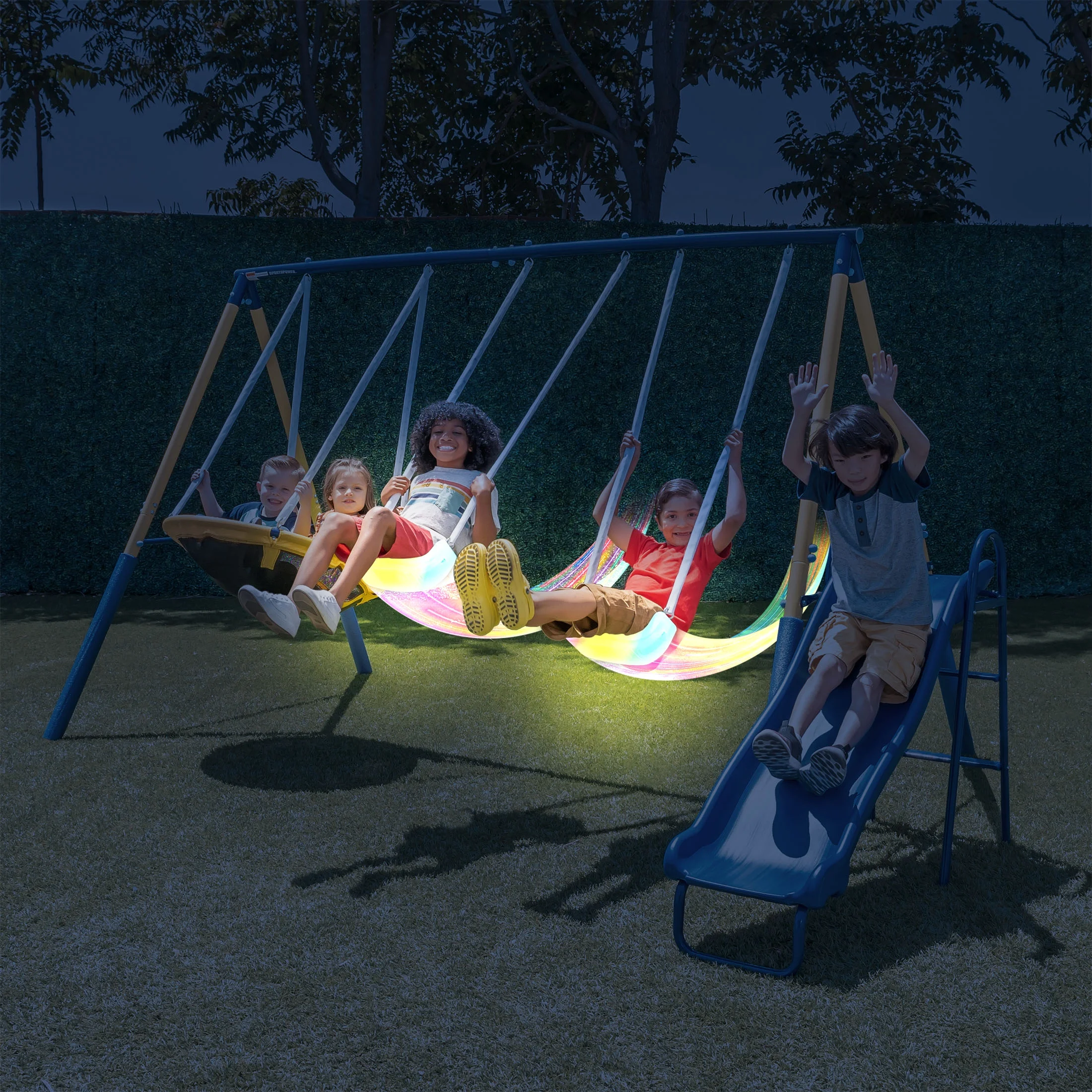 Sportspower Starlight Metal Swing Set with 2 LED Swings, Saucer Swing, and Lifetime Warranty on Blow Molded Slide