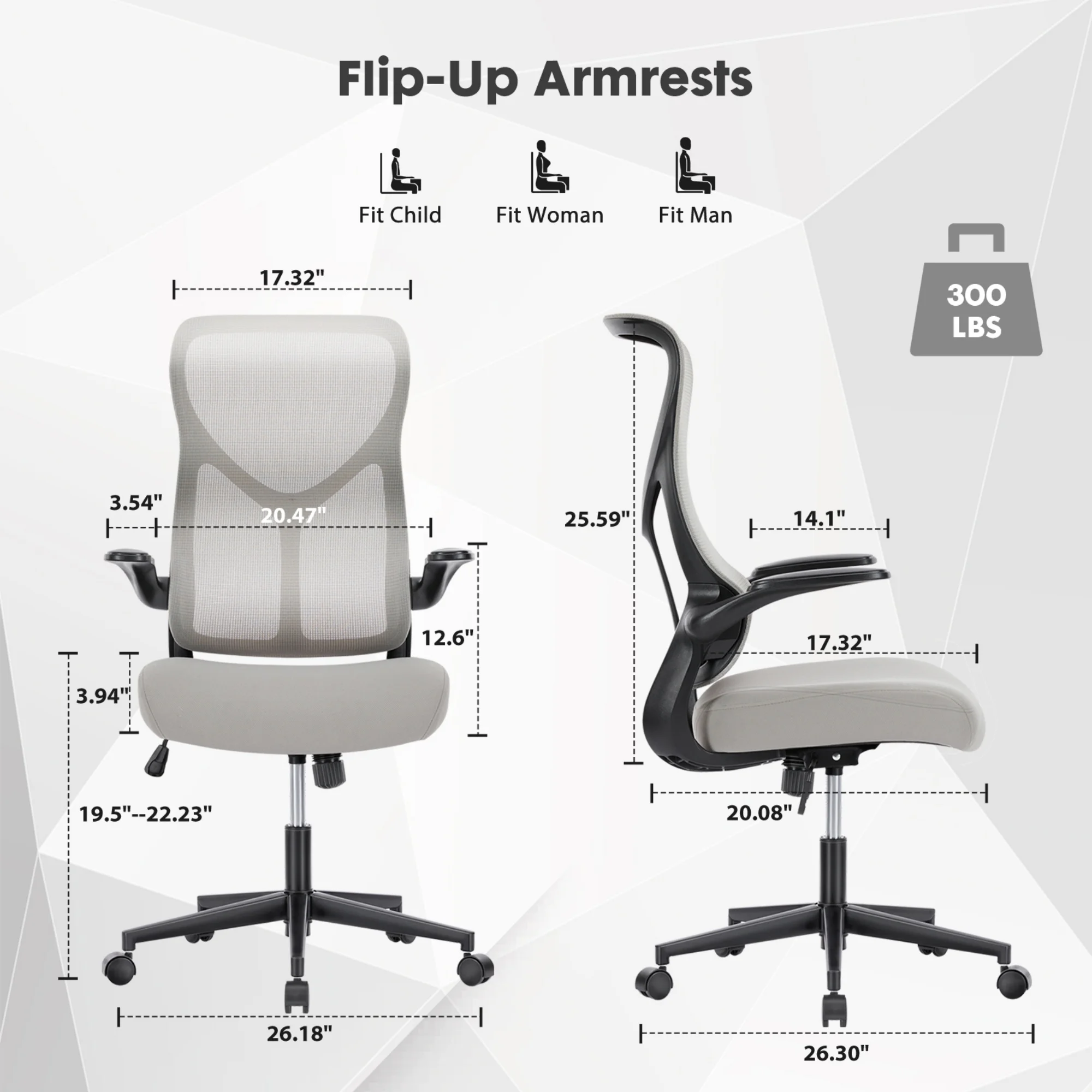 Yoyomax Office Chair, Ergonomic Home Office Desk Chairs, Computer Chair with Comfortable Armrests, Mesh Desk Chairs with Wheels, Gray
