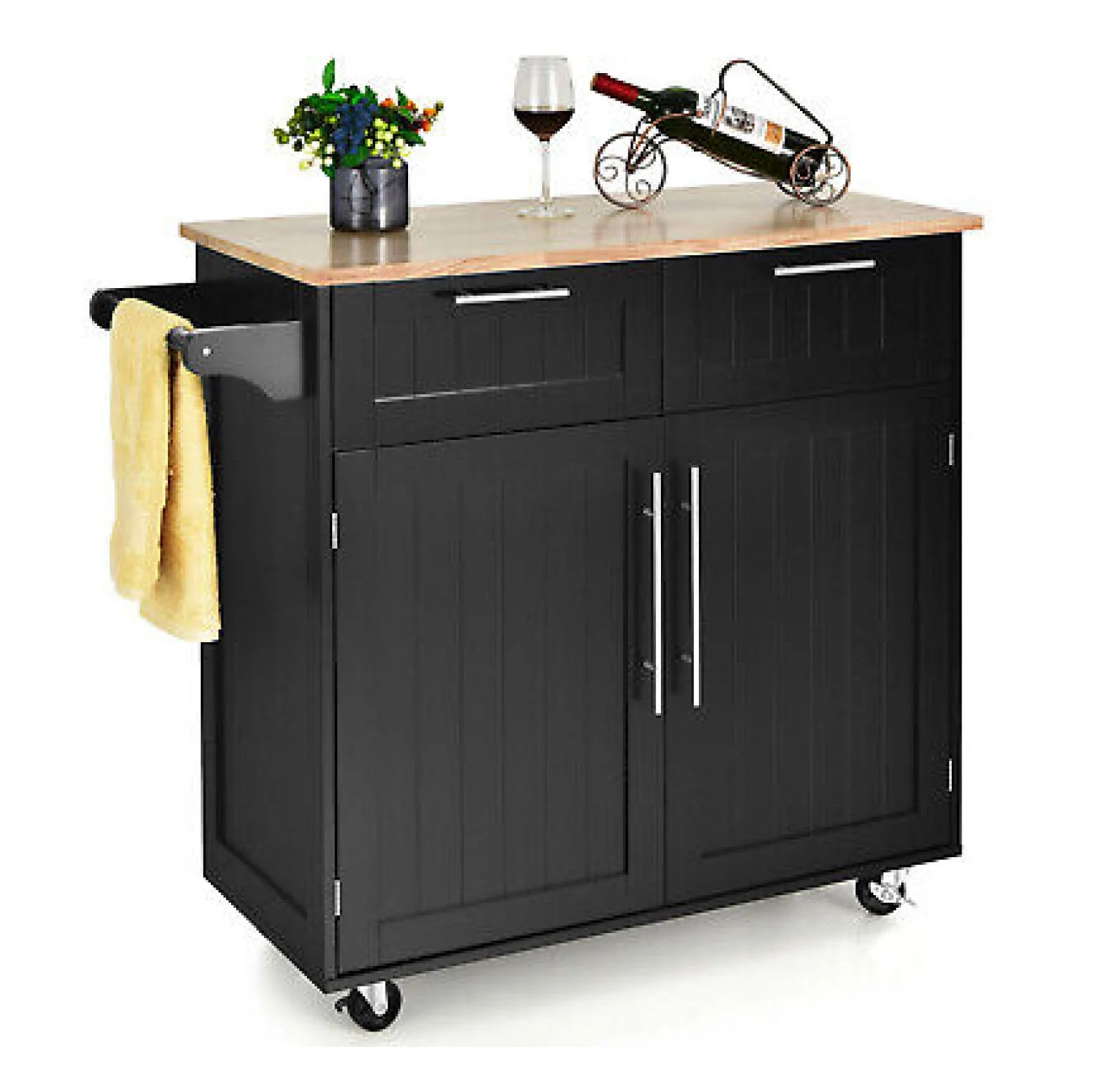 FENG20 Rolling Kitchen Cart Island Heavy Duty Storage Trolley Cabinet Utility Black