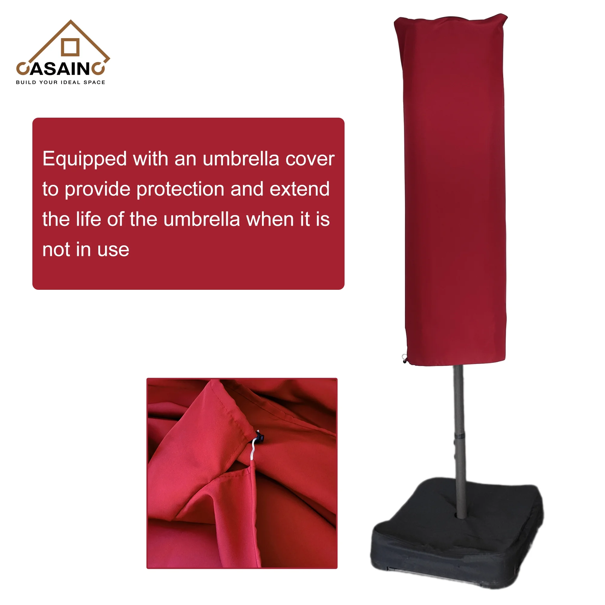 CASAINC 15 ft. Steel Patio Double-Side Market Umbrella with Base and Solar Light with Base in Burgundy