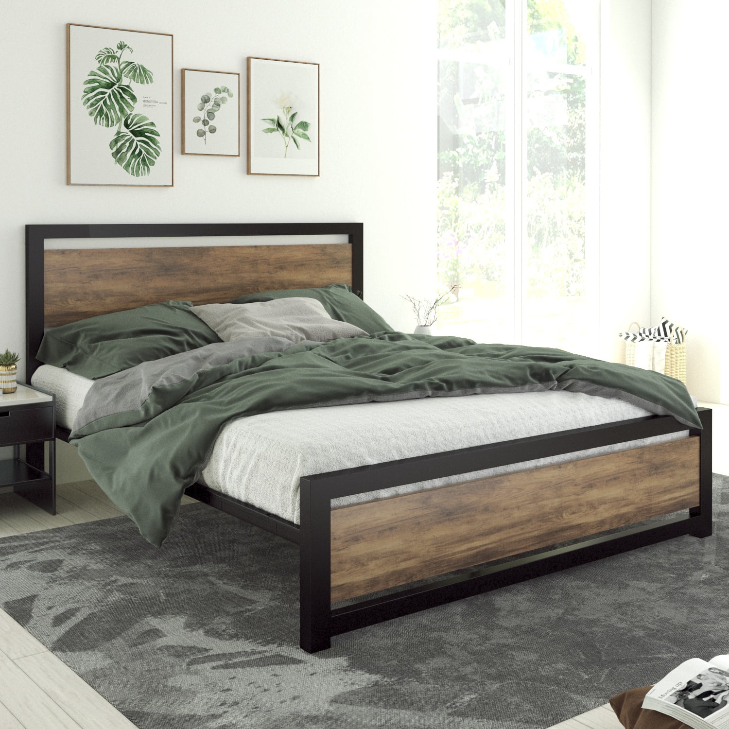 Allewie Queen Size Metal Platform Bed Frame with Square Frame Wooden Headboard&Footboard, 12.4