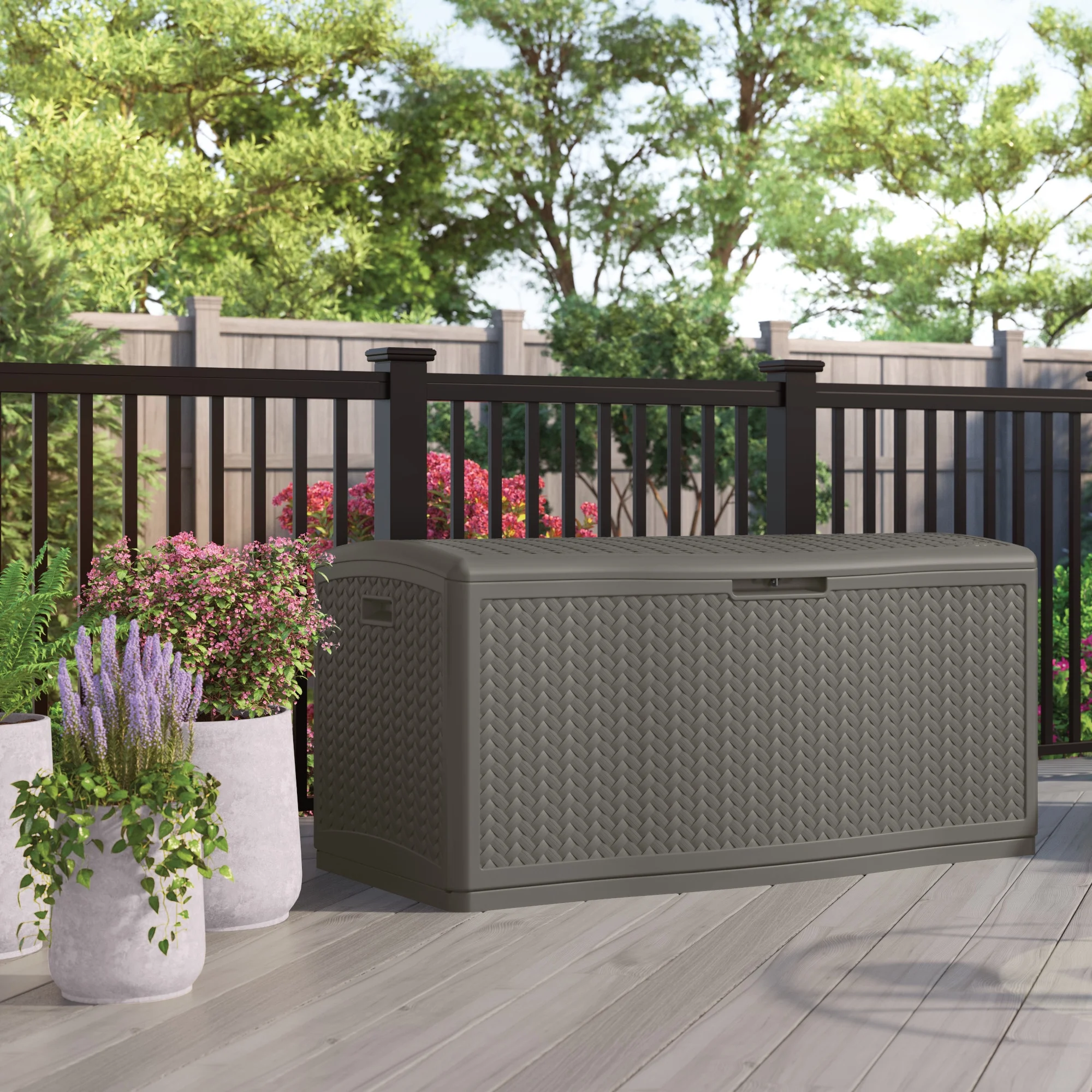 Suncast 124-Gallon Herringbone Extra-Large Deck Box with Seat for Outdoor Storage, Stoney Gray