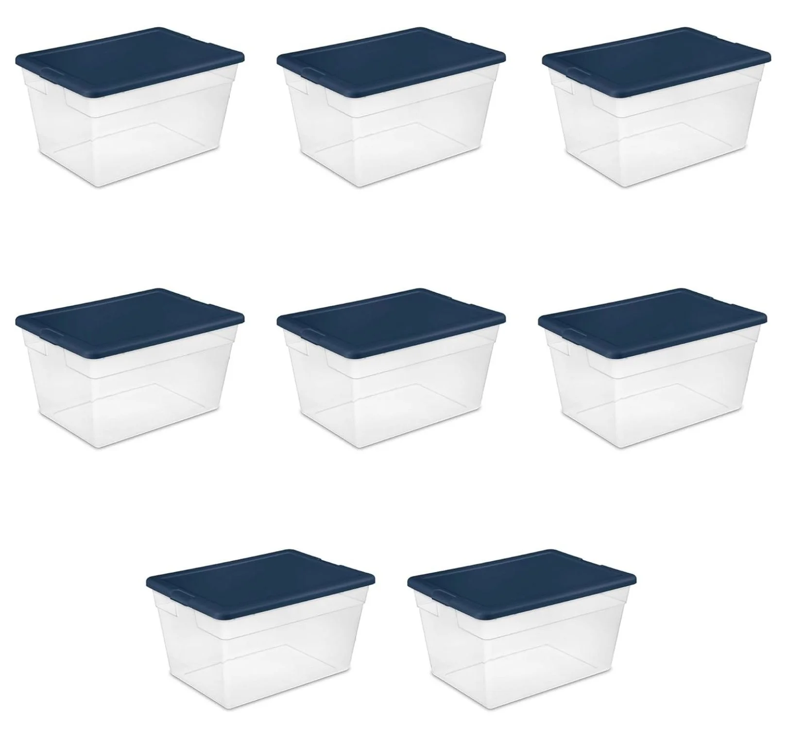Stackable 56 Quart Clear Home Storage Box with Handles and Marine Blue Lid for Efficient, Space Saving Storage and Organization (8 Pack)