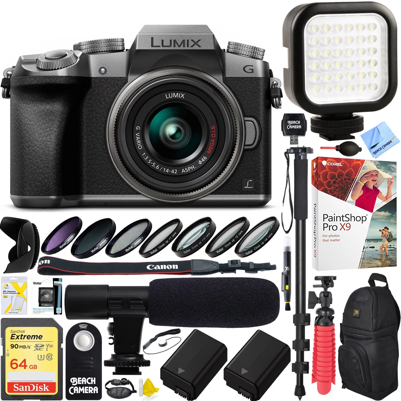 Panasonic LUMIX G7 Interchangeable Lens 4K Ultra HD Silver DSLM Camera with 14-42mm Lens - SanDisk 64GB SDXC Dual Battery & Shotgun Mic Pro Video Bundle