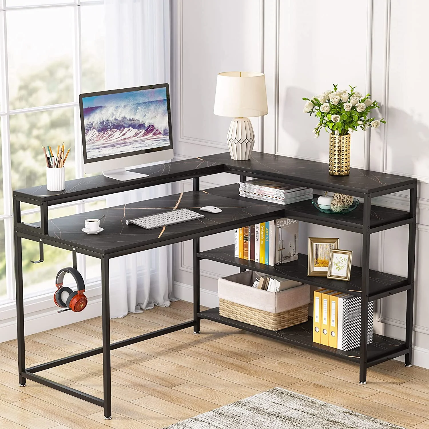 Tribesigns Reversible L Shaped Computer Desk with Storage Shelf and Monitor Stand, Black Faux Marble