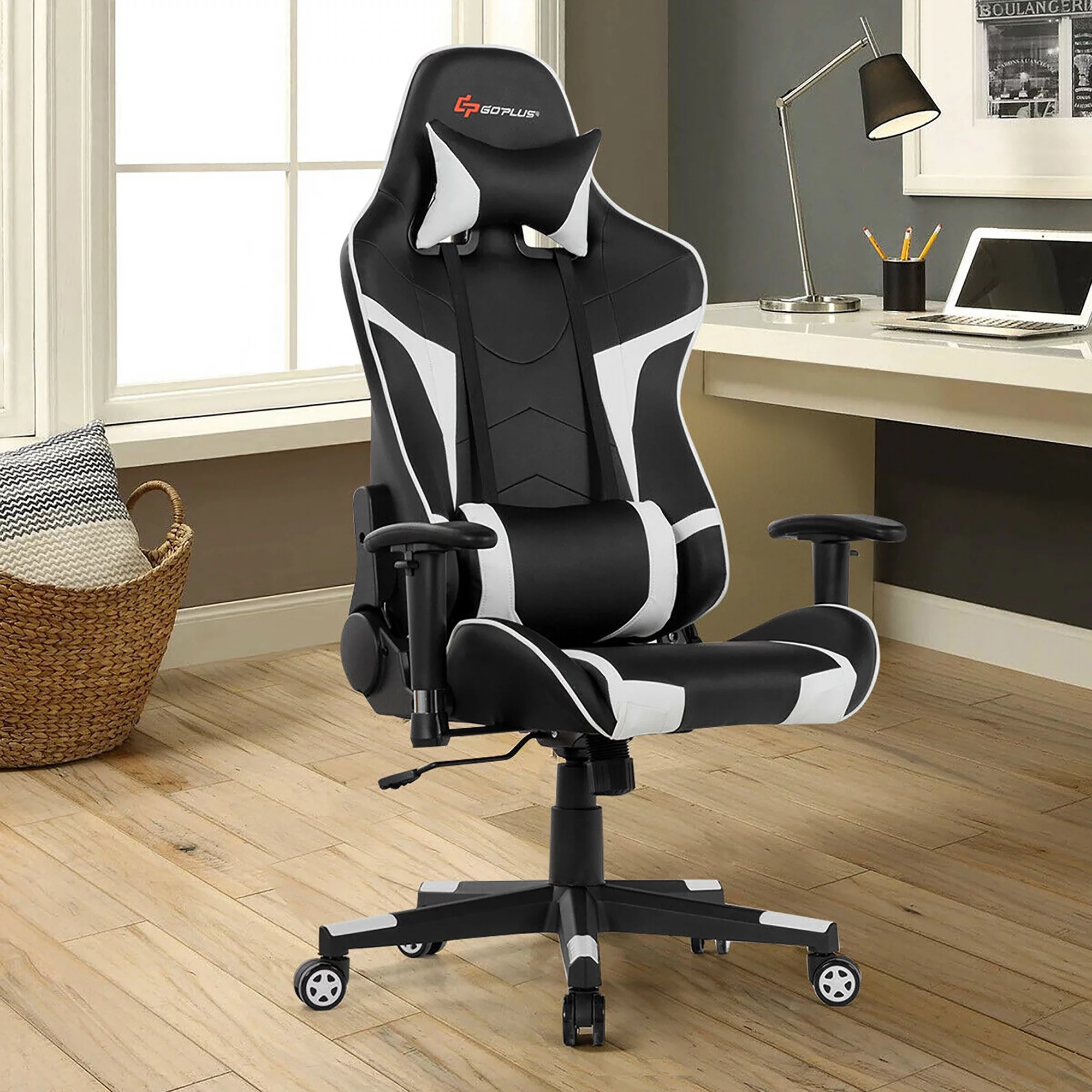 Goplus Massage Gaming Chair Reclining Swivel Racing Office Chair w/Lumbar Support White