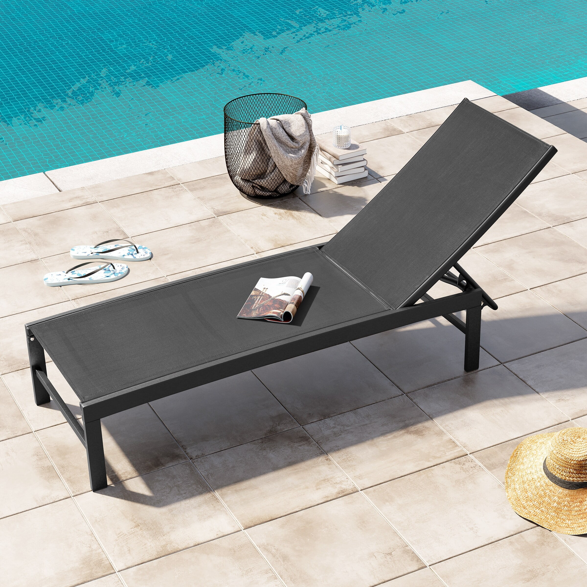 Crestlive Products Outdoor Pool Lounger Aluminum All-weather Adjustable Chaise Lounge Chair - See Picture Black Fabric, Black Frame