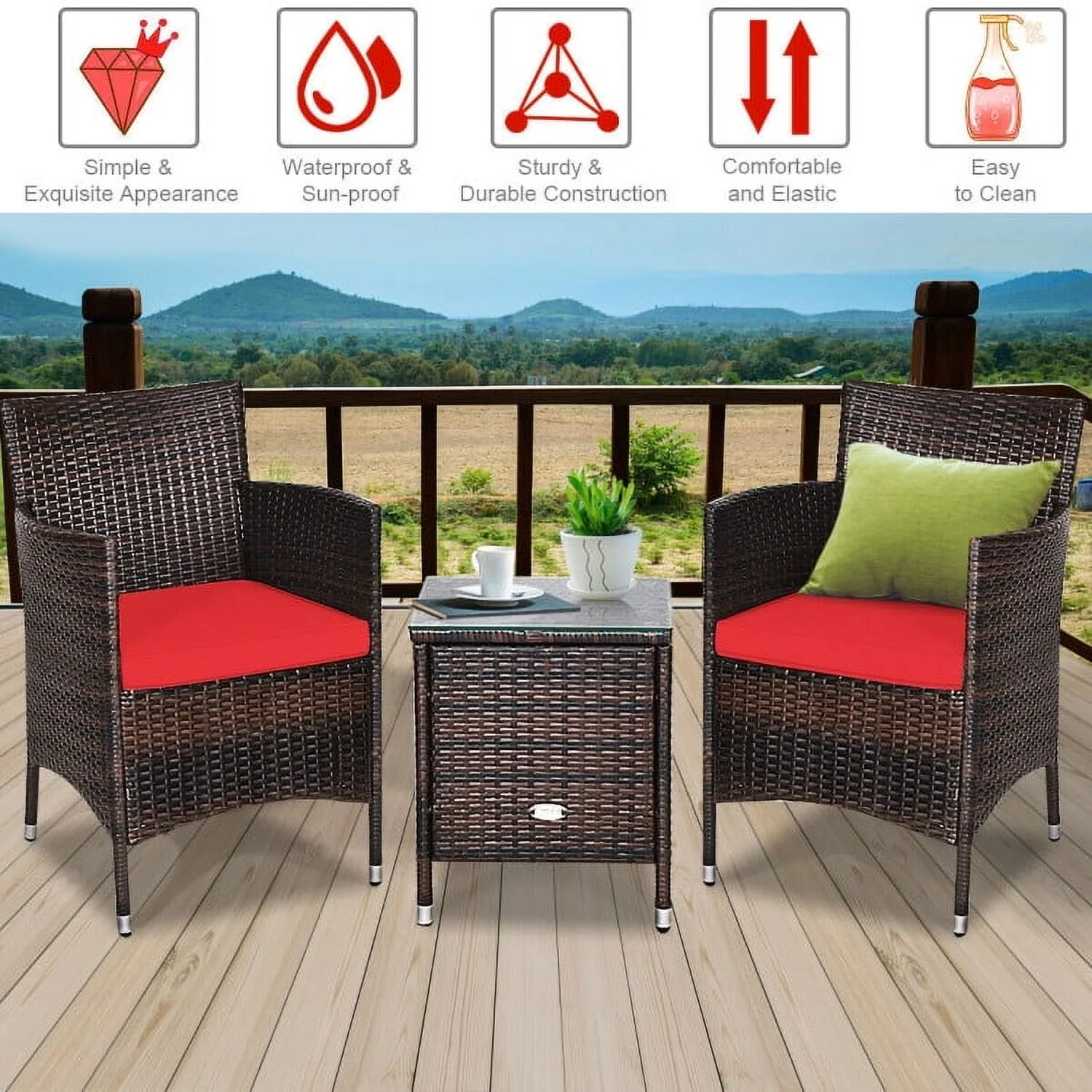 Spaco 3 Piece Rattan Wicker Sofa Set, Outdoor Patio Furniture Set Washable and Removable Cushion, Red