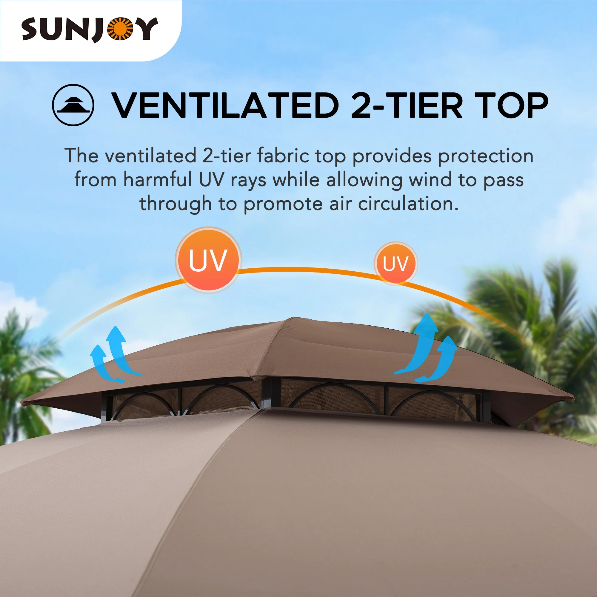 Sunjoy Dome 13.5 x 13.5 ft. 2 Tier Fabric Topped Steel Gazebo, Screened Gazebos, Soft-top Gazebos, Brown