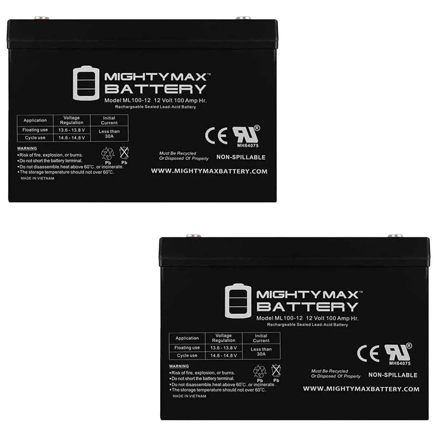 ML100-12 - 12 Volt 100 AH, Internal Thread (INT) Terminal, Rechargeable SLA AGM Battery - Pack of 2