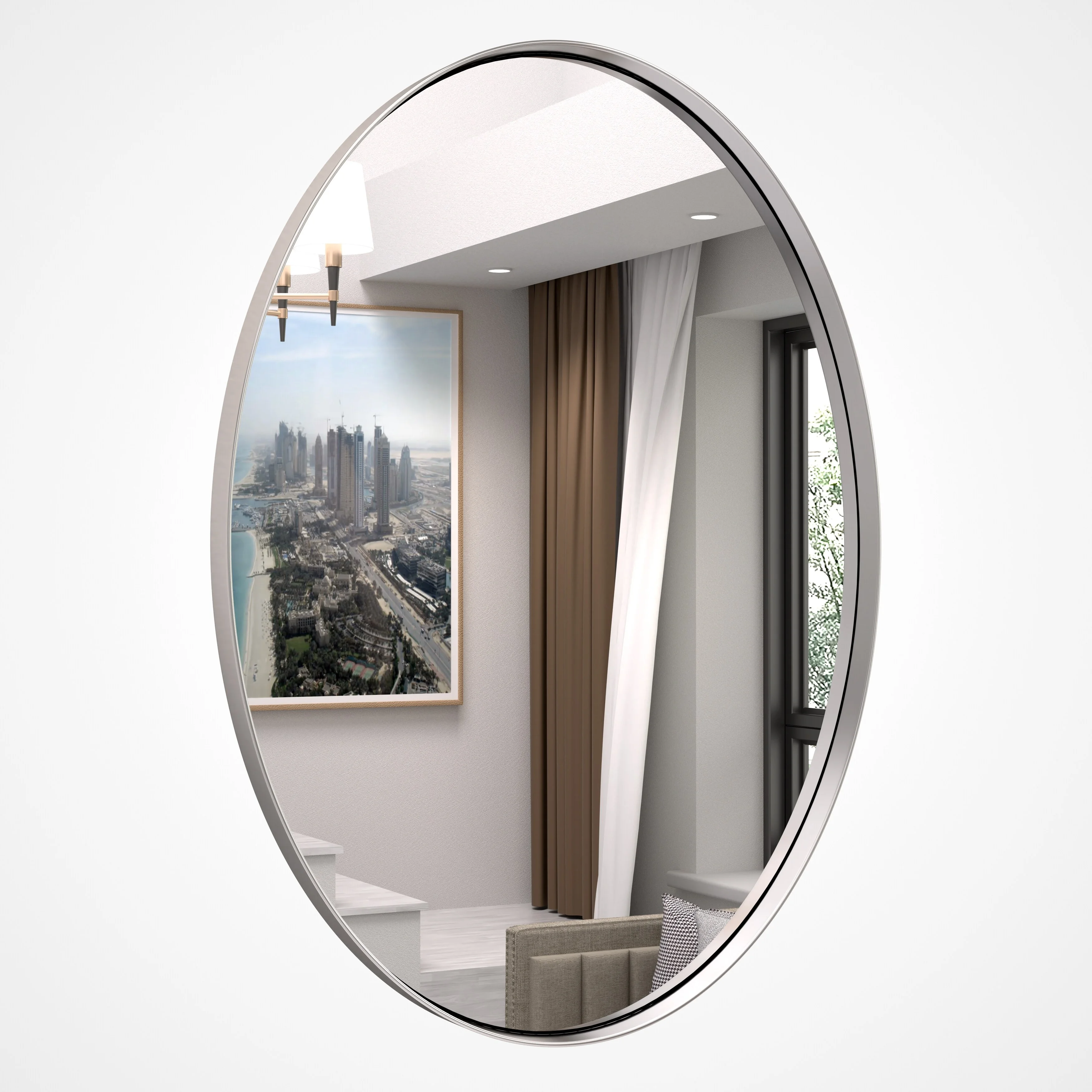PRIMEPLUS Modern Wall Mirror, Oval Mirror with Metal Framed, Bathroom Mirror with Round Corner Vanity Mirror for Vertical/Horizontal Silver - 24W *