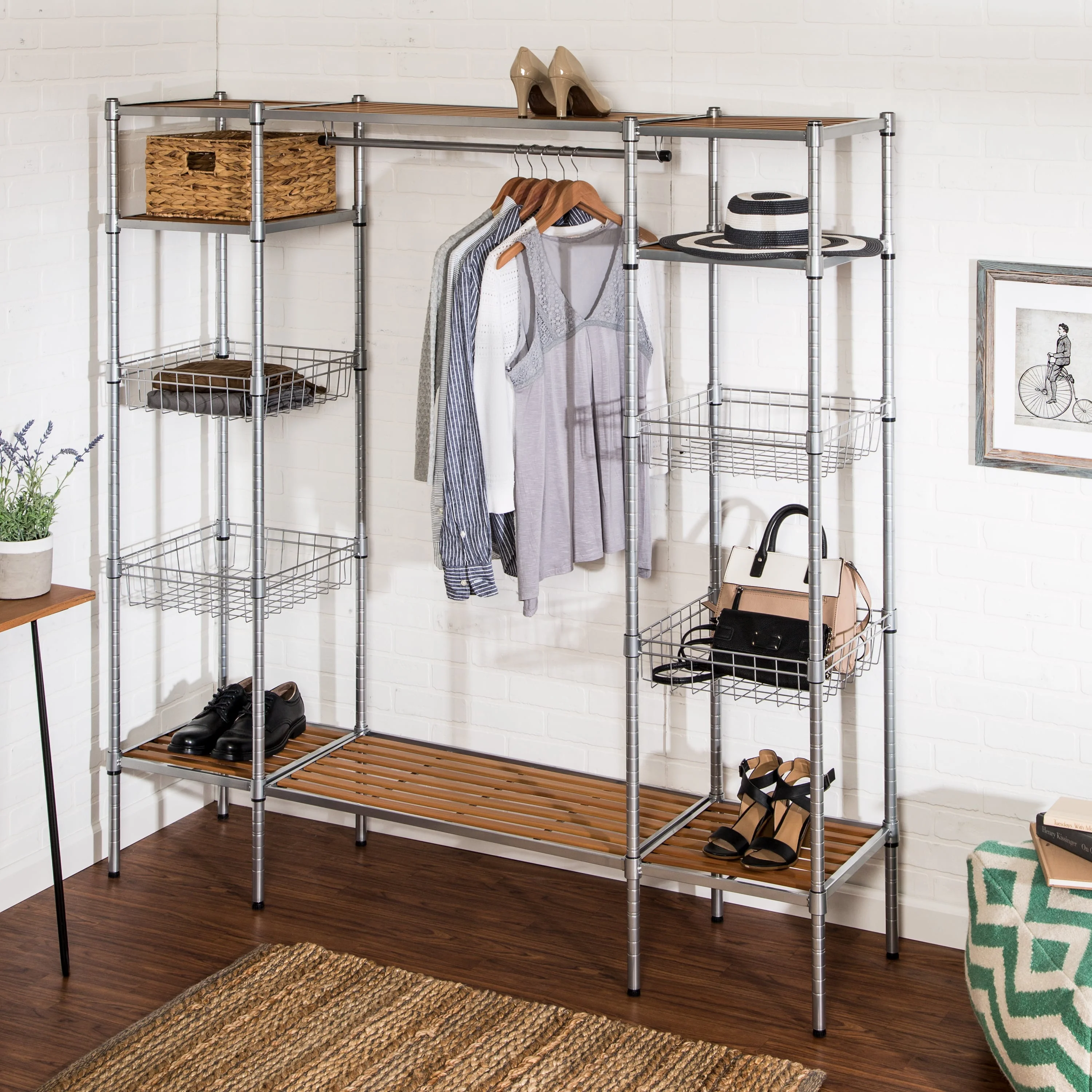 Honey-Can-Do Steel Freestanding Closet with Hanging Clothes Bar and 8 Storage Shelves, Silver/Brown