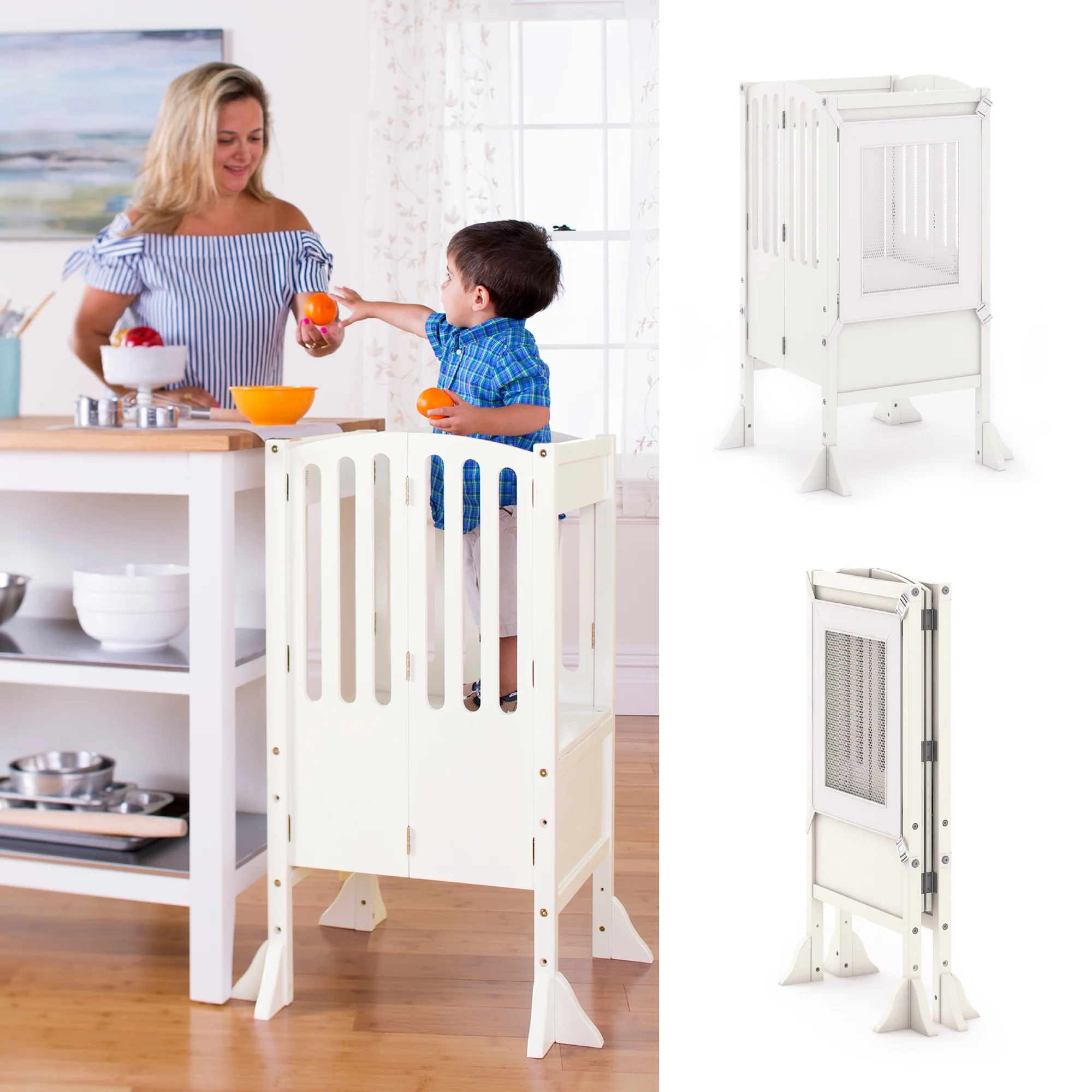 Guidecraft Contemporary Kitchen Helper Toddler Step Stool - Ivory: Adjustable, Kids Foldable Learning Toddler Tower with Safety Mat