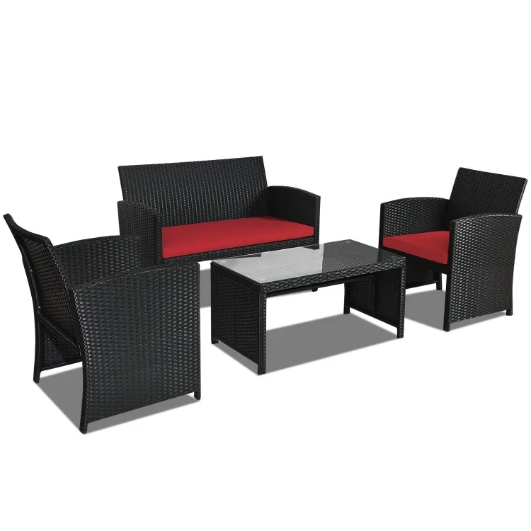 Topcobe 4 Pieces Wicker Patio Furniture Set with Cushions, Wicker Outdoor Sectional with Weather Resistant Cushions and Tempered Glass Tabletop, Red