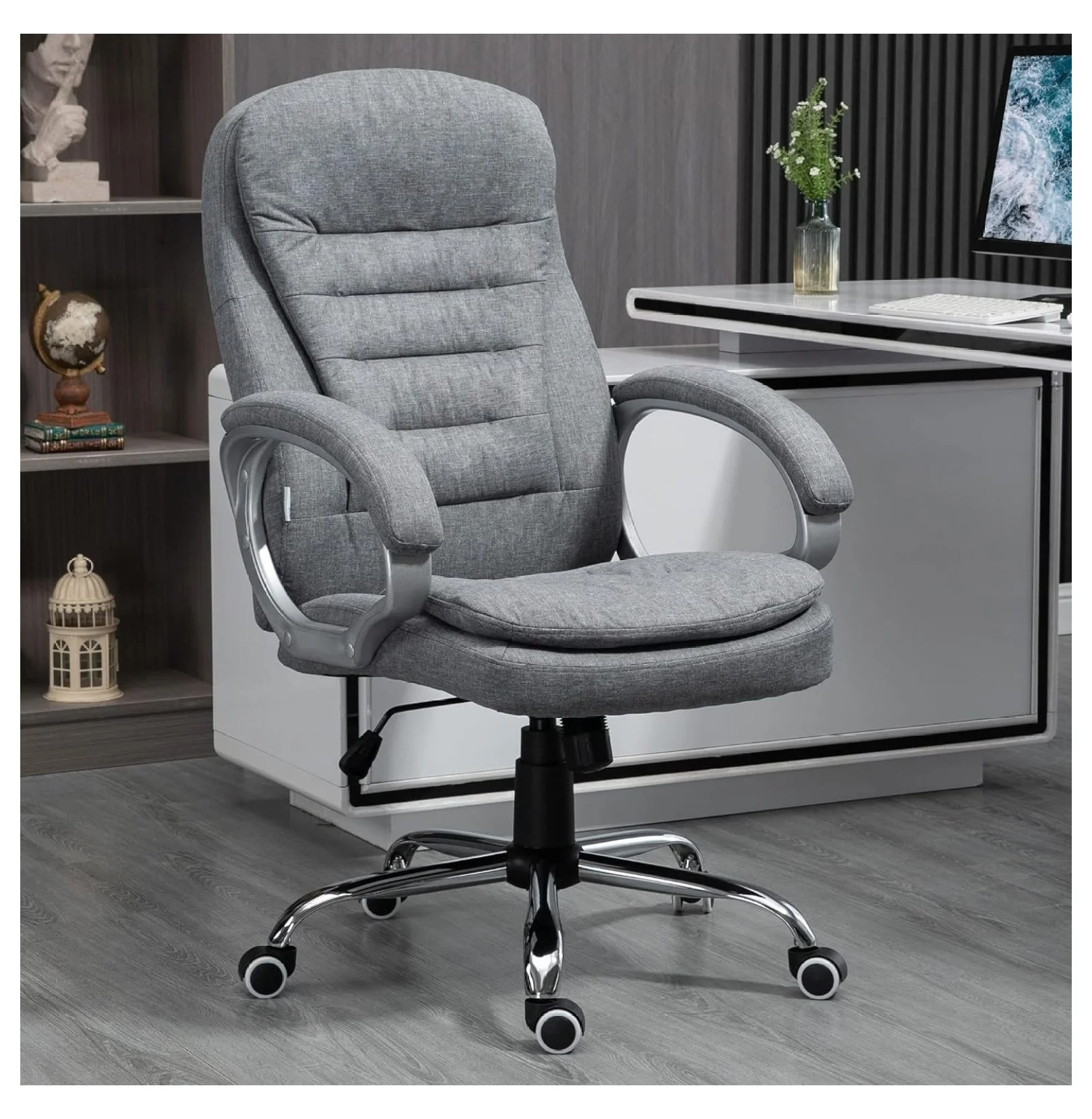 KioJJp High Back Home Office Chair Executive Computer Chair with Adjustable Height, Upholstered Thick Padding Headrest and Armrest - Grey