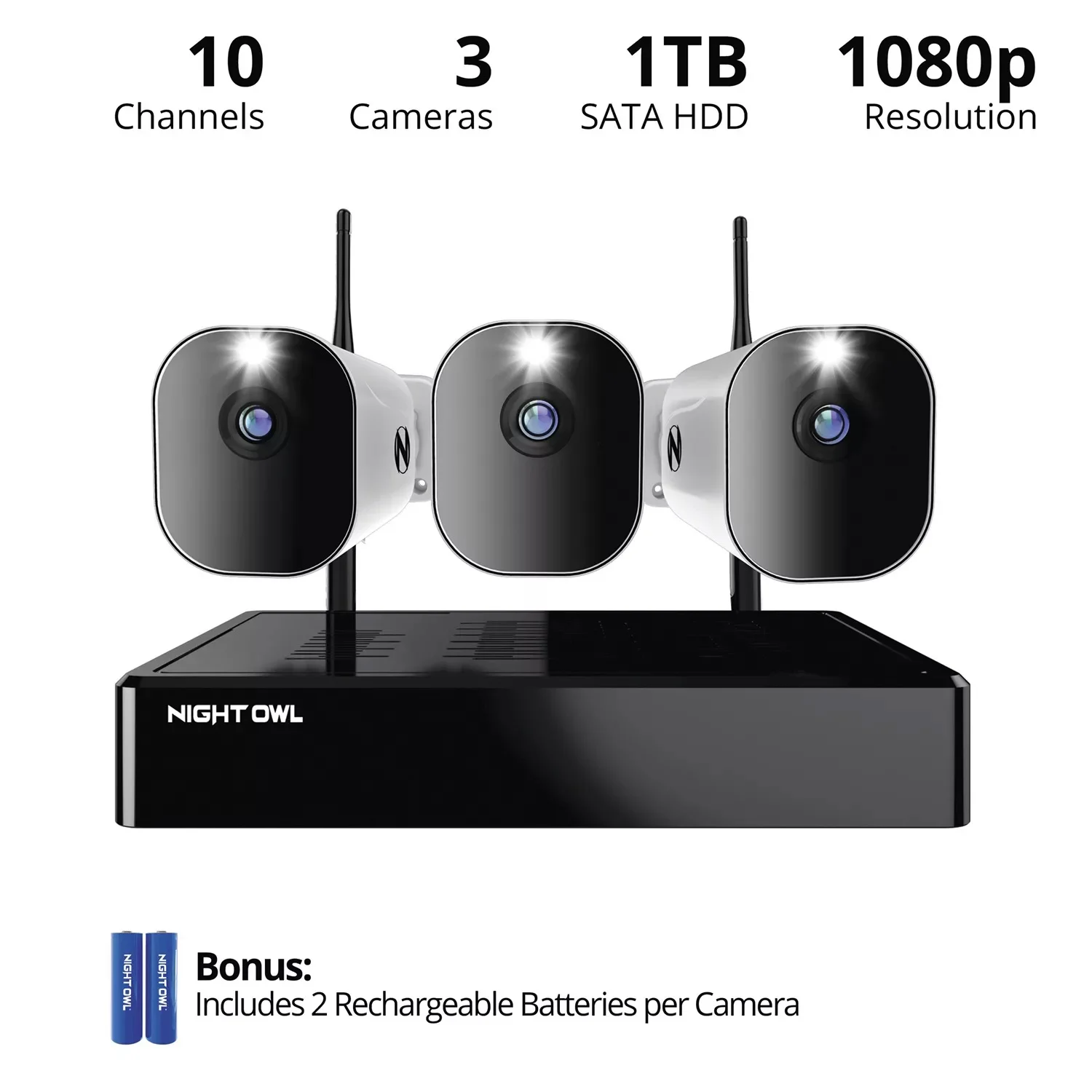 Night Owl Wi-Fi 1080p NVR with 1 TB HDD 3 Battery 1080p Wi-Fi Cameras with 2 Batteries per camera - WNIP2 Series