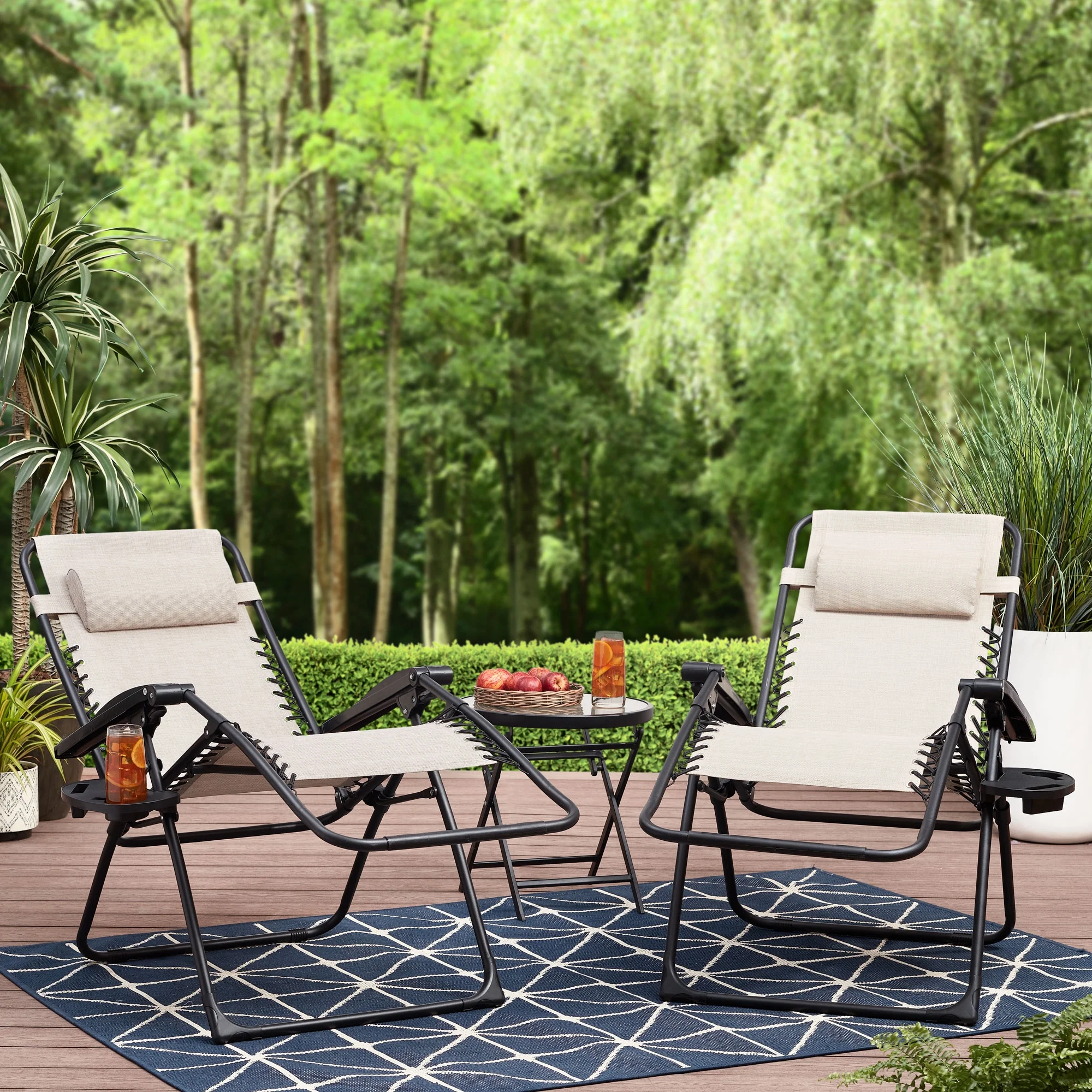 Mainstays Reclining Zero-Gravity Outdoor Patio Lounge Chair with Cup Holder, Set of 2, Beige