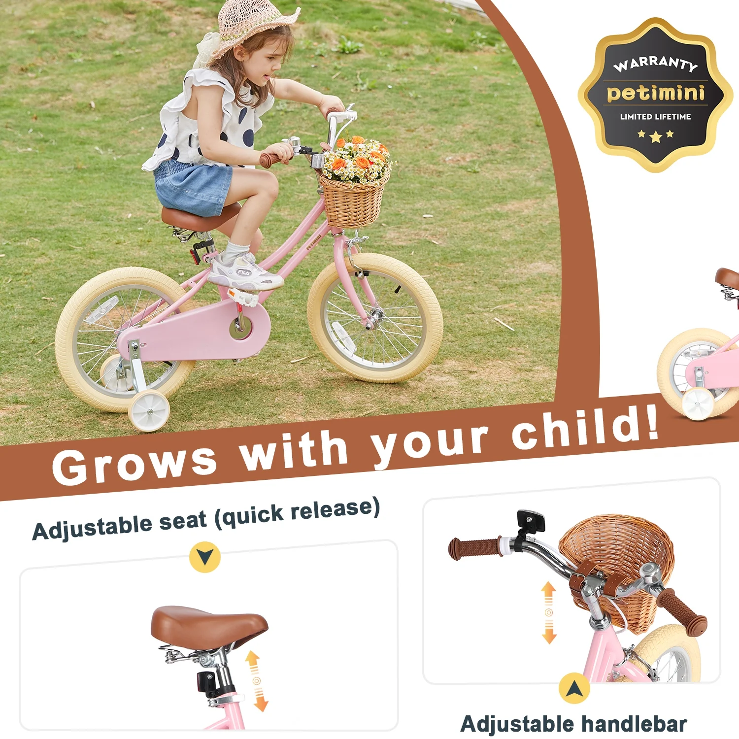Petimini 14 Inch Kids Bike for 3 4 5Years Old Little Girls Retro Vintage Style Bicycles with Training Wheels and Bell, Pink