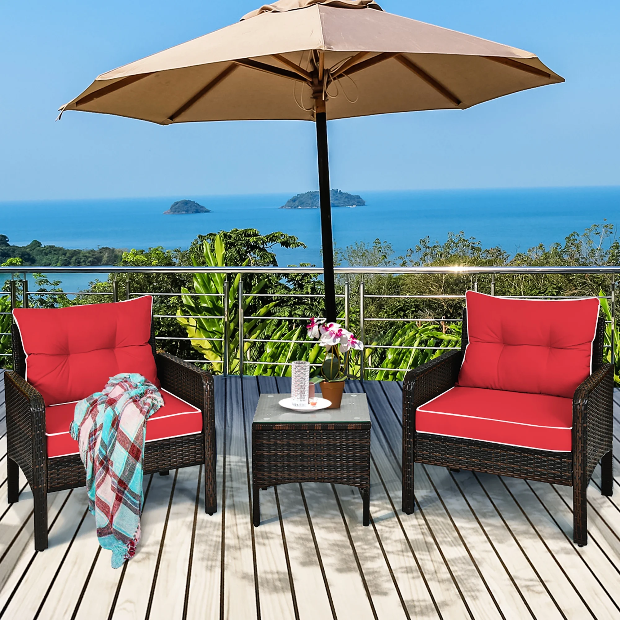 Costway 3PCS Outdoor Rattan Conversation Set Patio Furniture Cushioned Sofa Chair Red