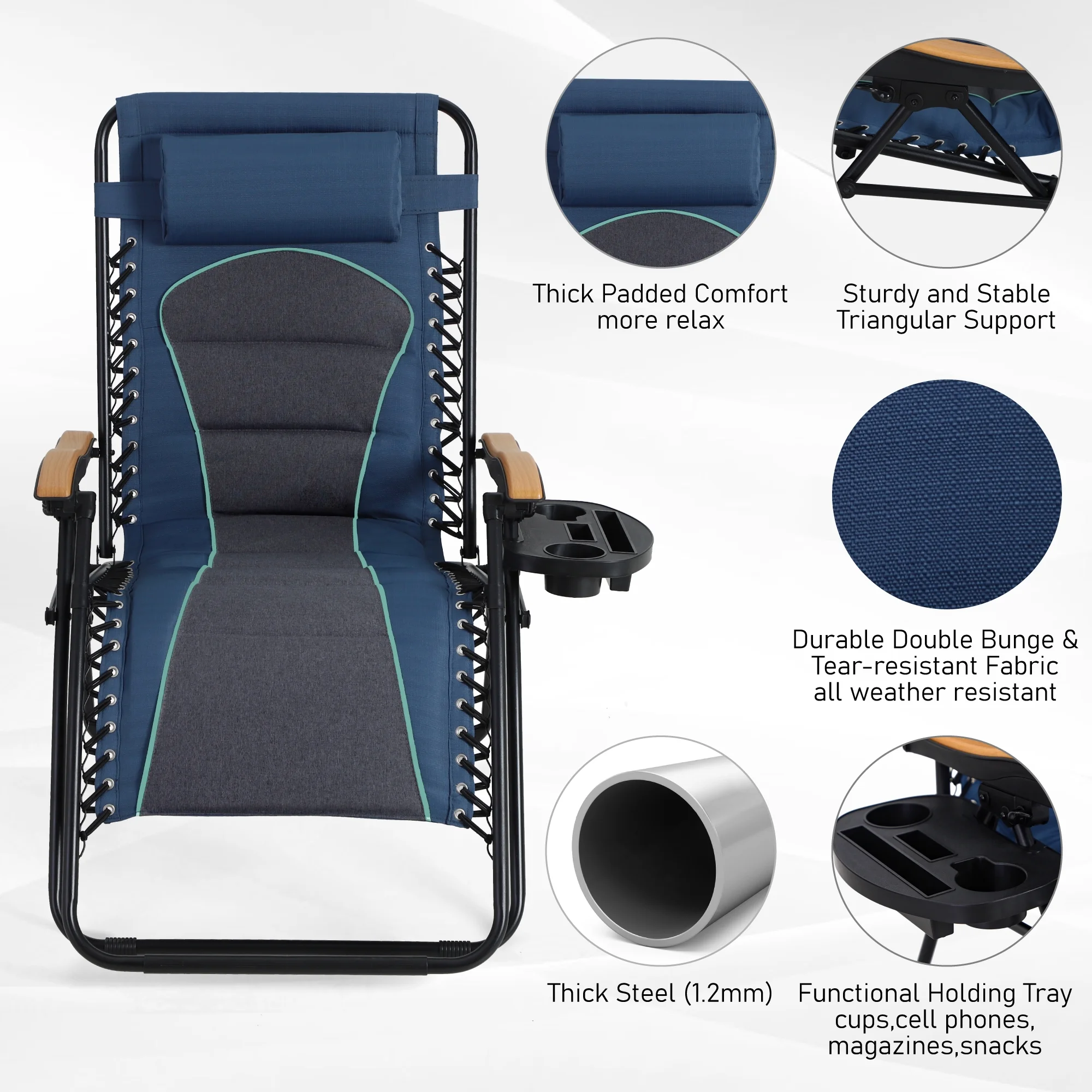 MF Studio Oversized Zero Gravity Chair,Padded Folding Lounge Recliners With Cup Holder,Blue