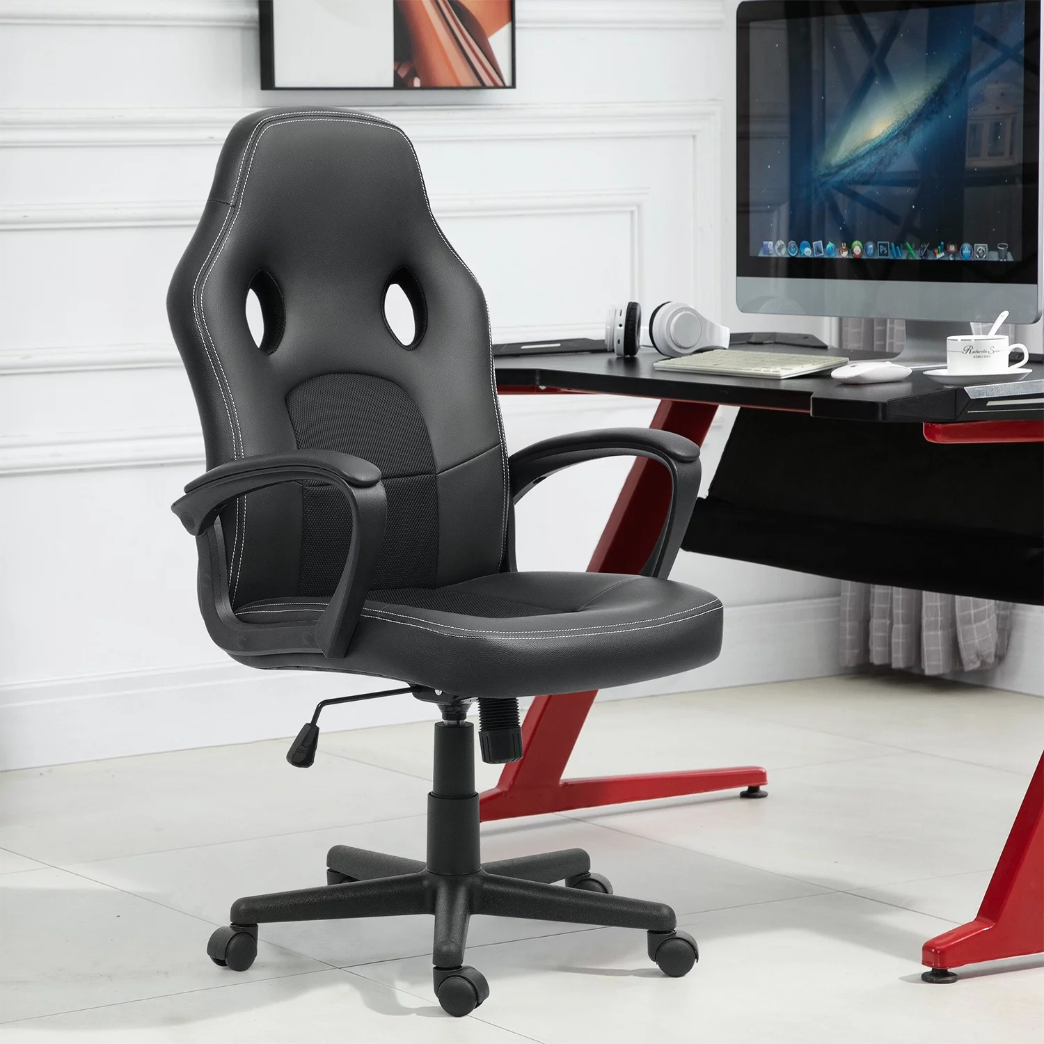 Homall Gaming Chair Leather Office Chair High Back Ergonomic Adjustable Swivel Executive Computer Chair Rolling Task,Black