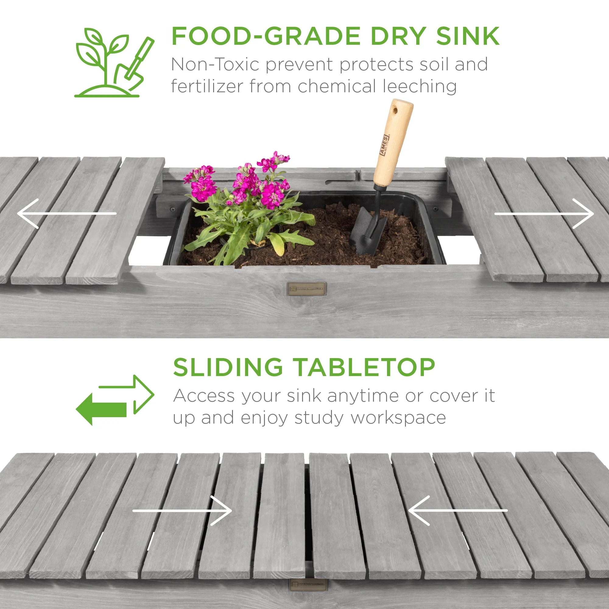 Best Choice Products Wood Garden Potting Bench Workstation Table w/ Sliding Tabletop, 4 Locking Wheels, Dry Sink - Gray
