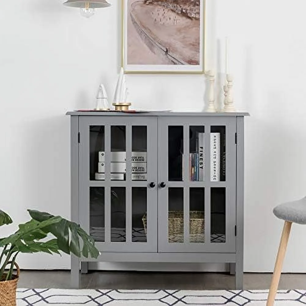 Sideboard Buffet Cabinet Kitchen Cabinet with 2 Glass Doors Liquor Cabinet for Home Kitchen Dining Room Cupboard Console Table Curio Cabinet (Grey)