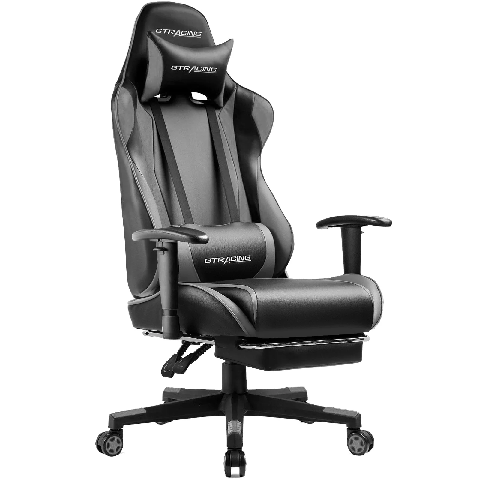 GTRACING Gaming Chair with Footrest PU Leather Office Chair with Adjustable Headrest, Gray