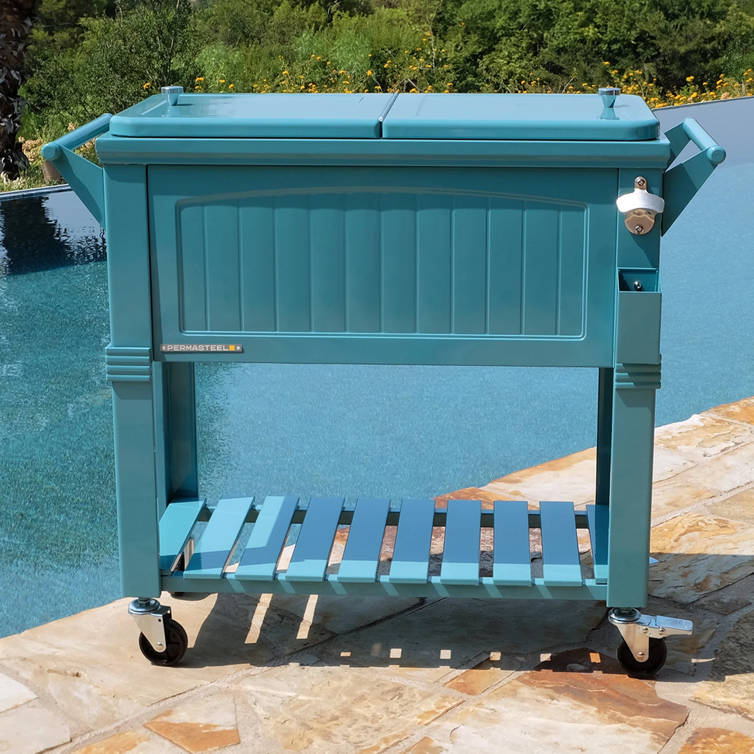 Permasteel 80-Qt Antique Outdoor Steel Patio Cooler on Wheels, Rolling Cooler Cart, Wooden Teak Style, Teal
