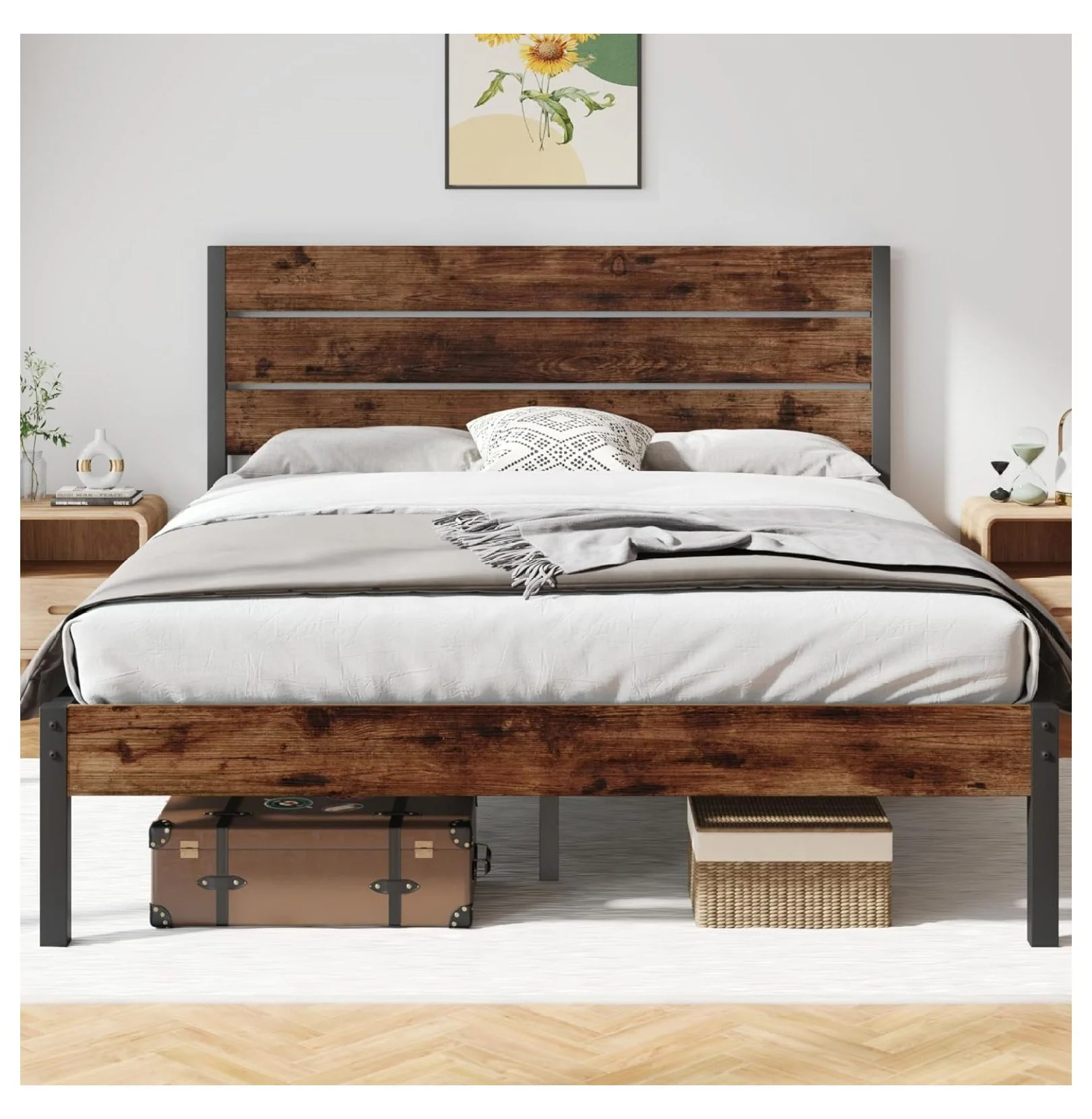 Queen Bed Frame with Headboard and Footboard, with Under Bed Storage, All-Metal Support System, No Box Spring Needed, Easy Assembly,Rustic Brown