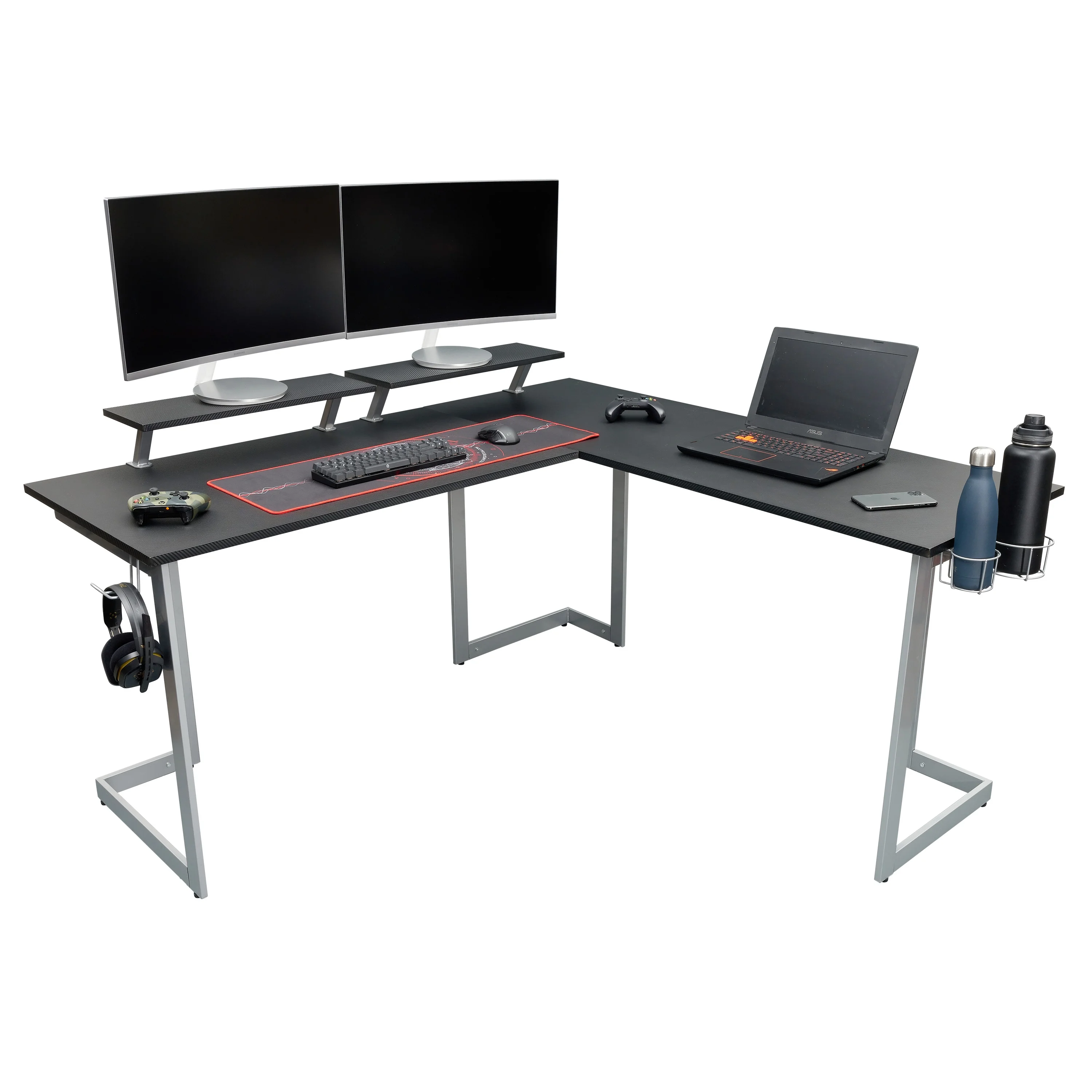 Techni Sport Warrior L-Shaped Gaming Desk with Headphone Holder and Shelving, Black RTA-TS220L-BK