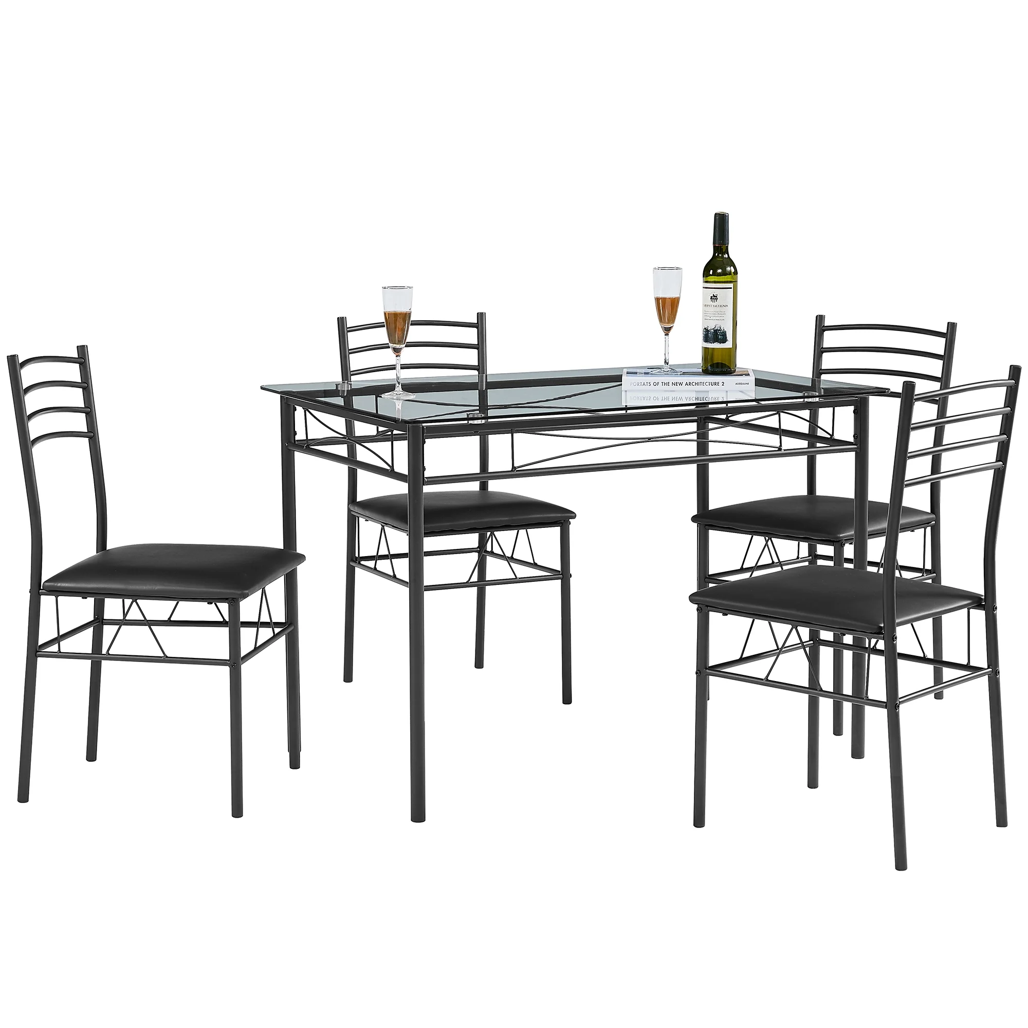 VECELO 5-Piece Dining Room Set Glass Top Table with 4 Chairs for Kitchen, Breakfast Furniture, Black