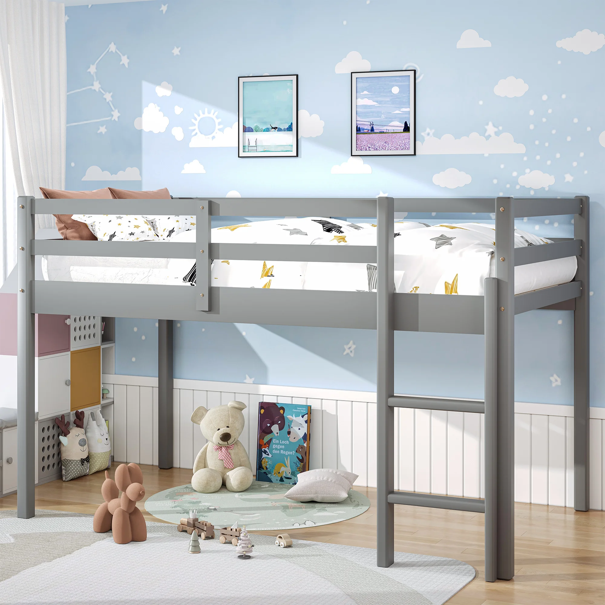PAPROOS Twin Size Loft Bed, Solid Wood Loft Bed Frame with 14 Wooden Slats, Modern Low Loft Bed for Kids Boys Girls, No Box Spring Needed, Gray