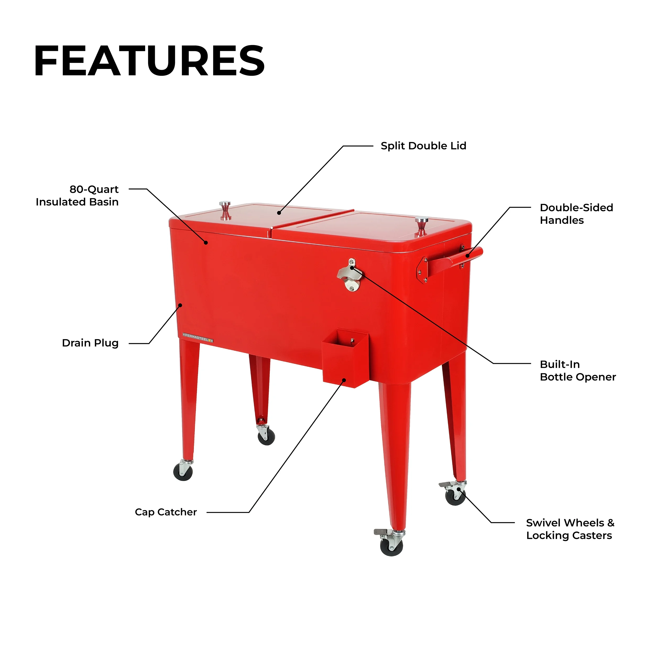 Permasteel 80-Qt Classic Outdoor Steel Patio Cooler on Wheels, Beverage Rolling Cart, Red