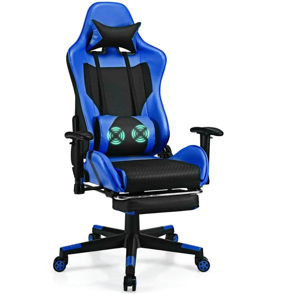 Kepooman Gaming Chair, Ergonomic Recliner, Racing Task Chair,PU Leather Gaming Chair with USB Massage Lumbar Pillow and Footrest -Blue