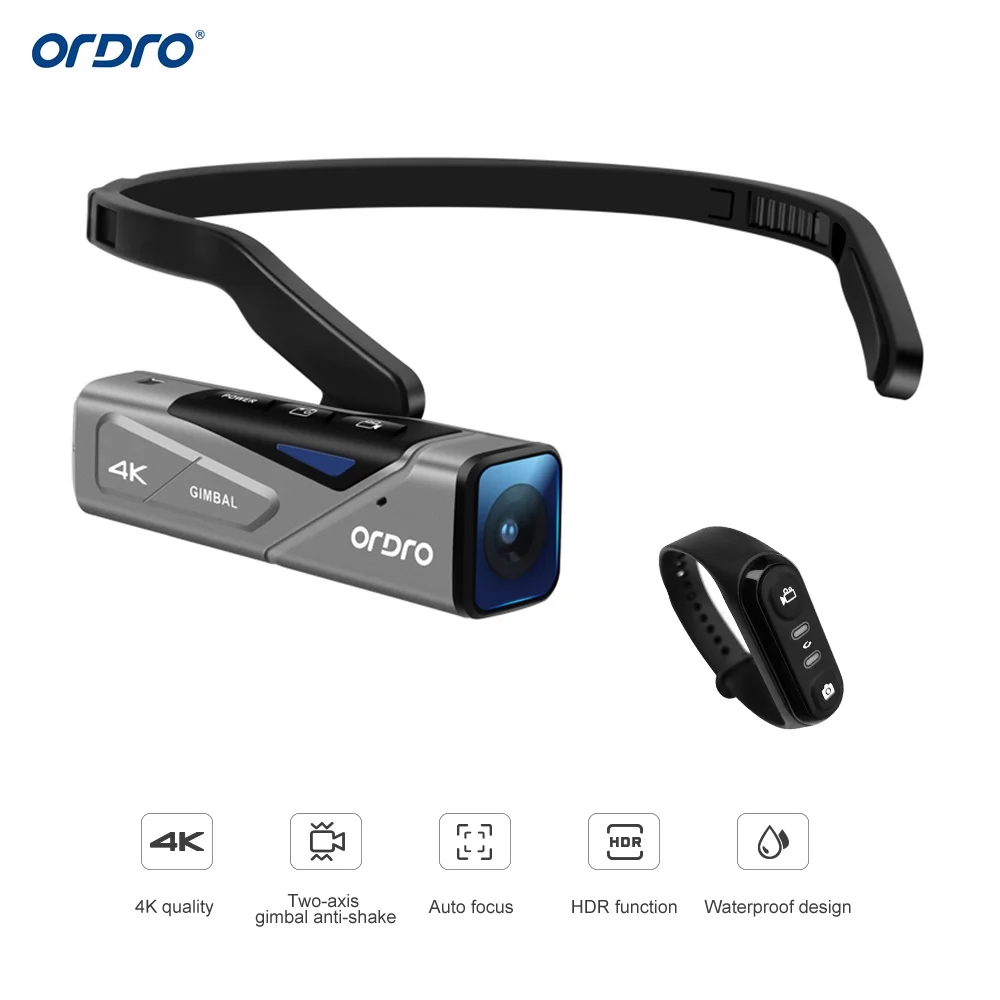 ORDRO EP7 Head Wearable 4K 60fps Video Camera First Person View Hands-Free Camcorder APP Control Autofocus Built-in 2- Gimbal -shake with Remote Control