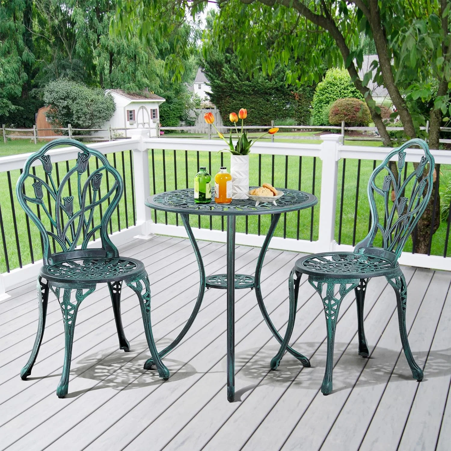 Green Patio Bistro Sets: 3 Piece Cast Aluminum Bistro Table and Chairs Set with Umbrella Hole for Patio, Backyard, Balcony