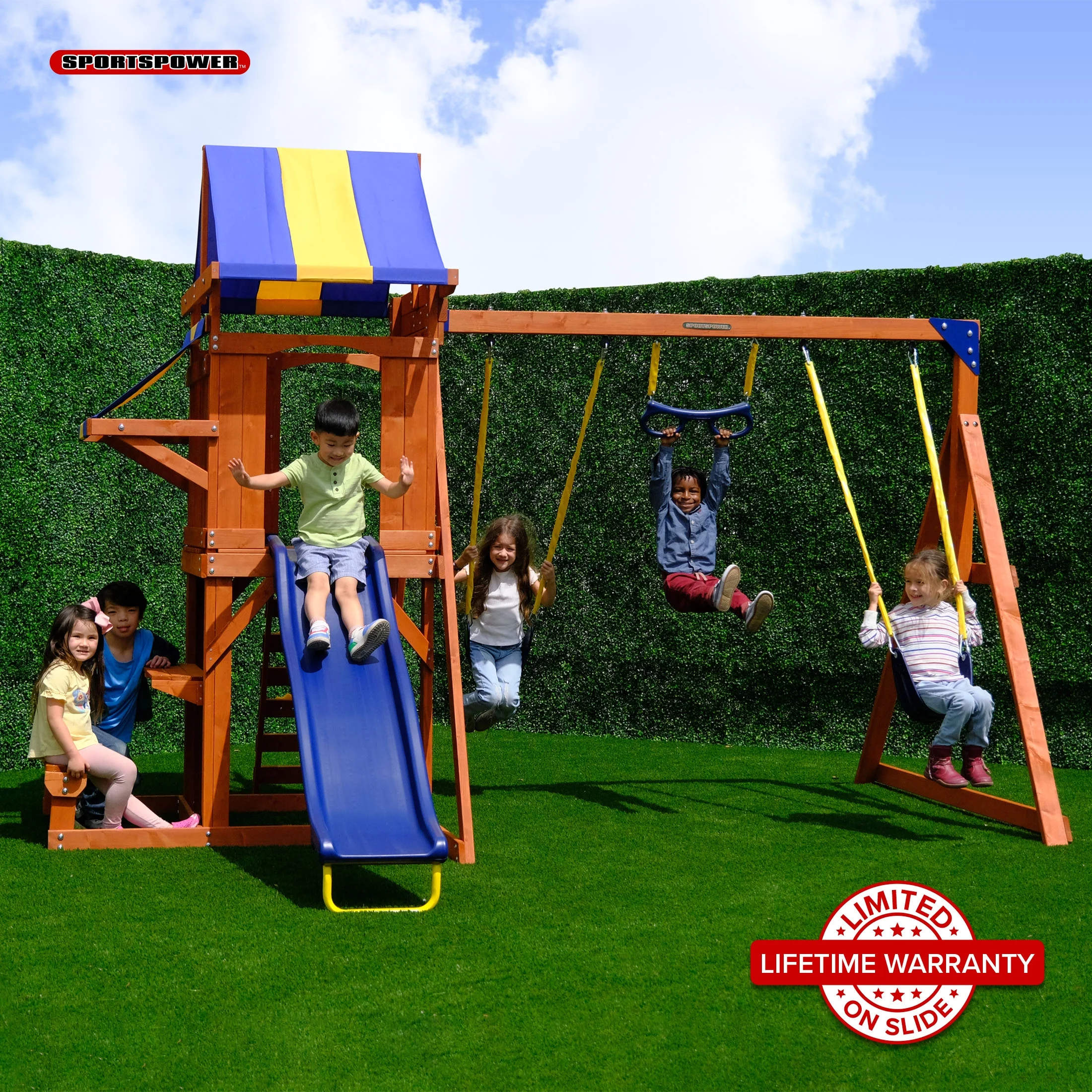 Sportspower Sunnyslope Wooden Swing Set with Play Fort, Trapeze, & 6' Double Wall Slide with Lifetime Warranty