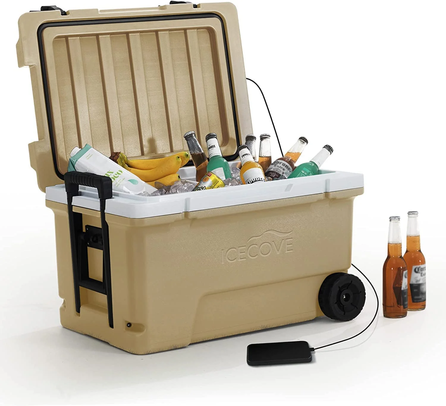 Norah 60-Quart Insulated Portable Rolling Ice Chest Solar Cooler with Wheels for Party, Camping and Outdoor Activities, Mojave Desert Tan