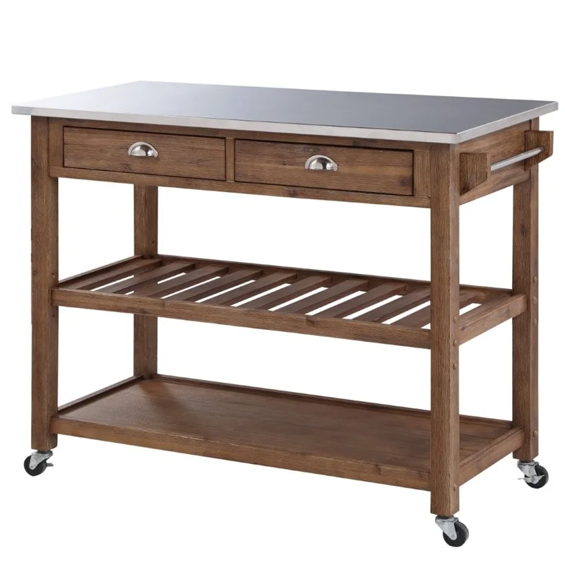 Boraam Sonoma 35.75in. H Wood Kitchen Cart with Stainless Steel Top - Barnwood Wire-Brush Finish