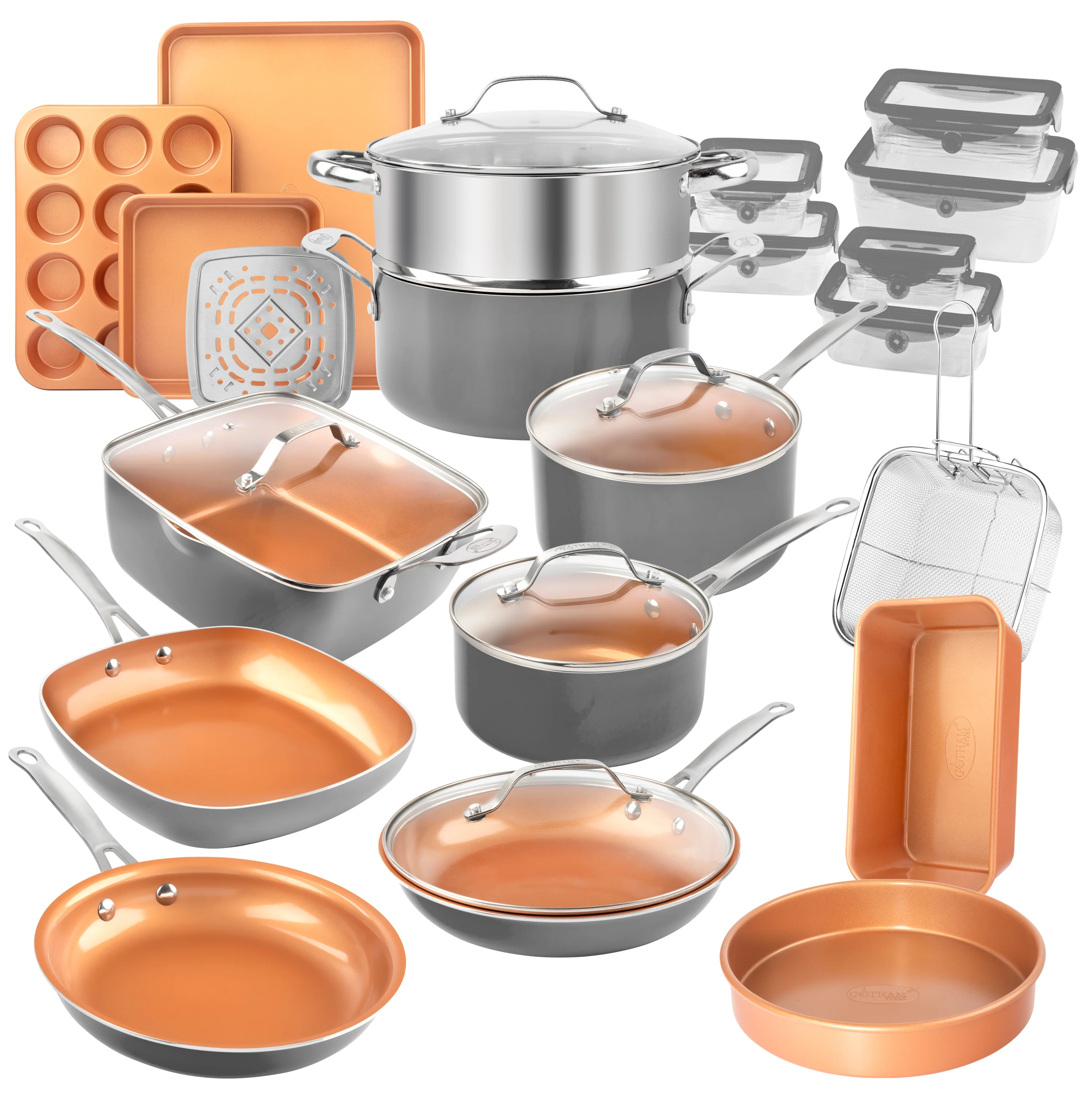 Gotham Steel Nonstick Pots and Pans 32 Piece Kitchen Ceramic Cookware Set Bakeware Storage Set Skillet Saucepans Gray