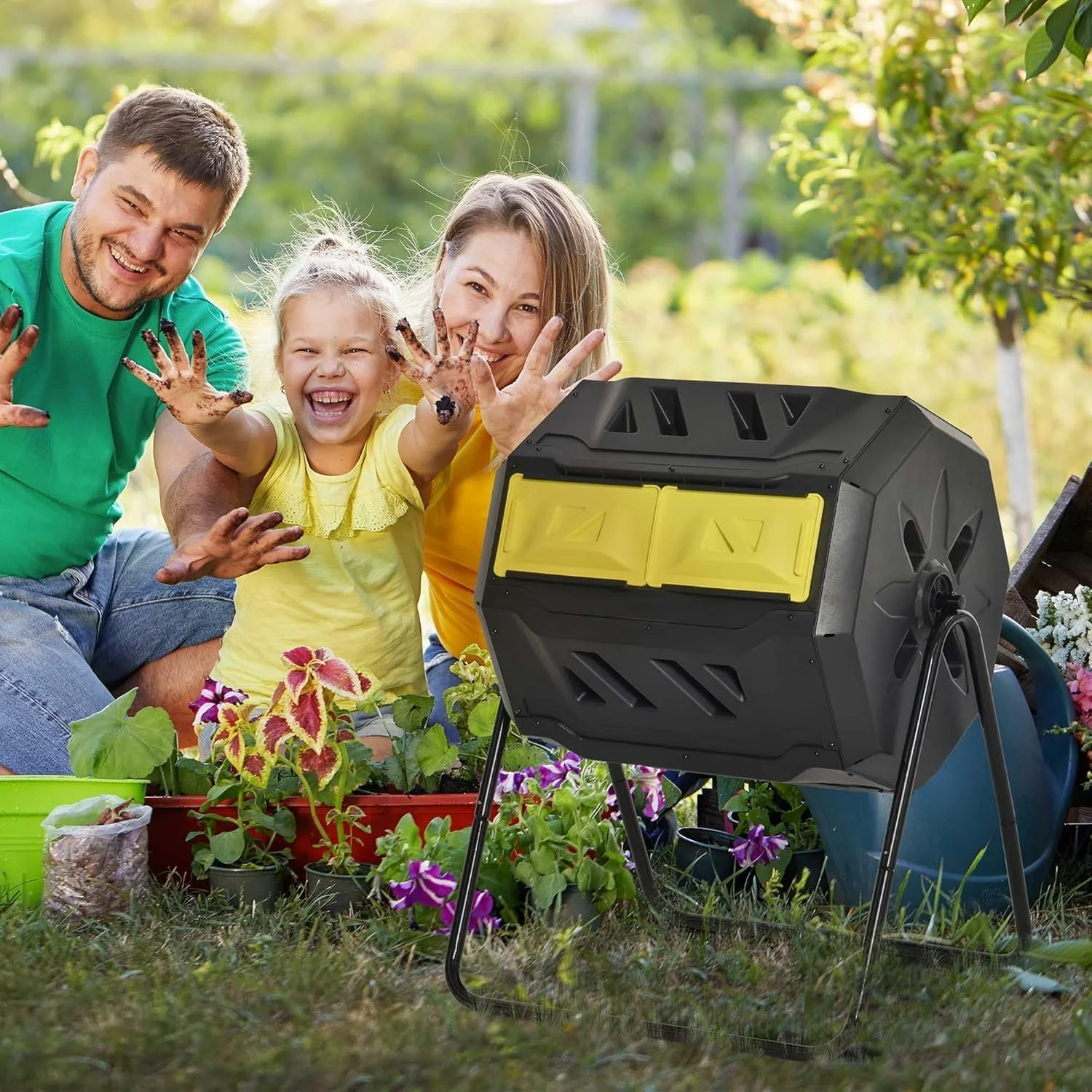 Tumbling Compost Bin Outdoor 360° Dual Chamber Rotating Composter 43 Gallon, Yellow
