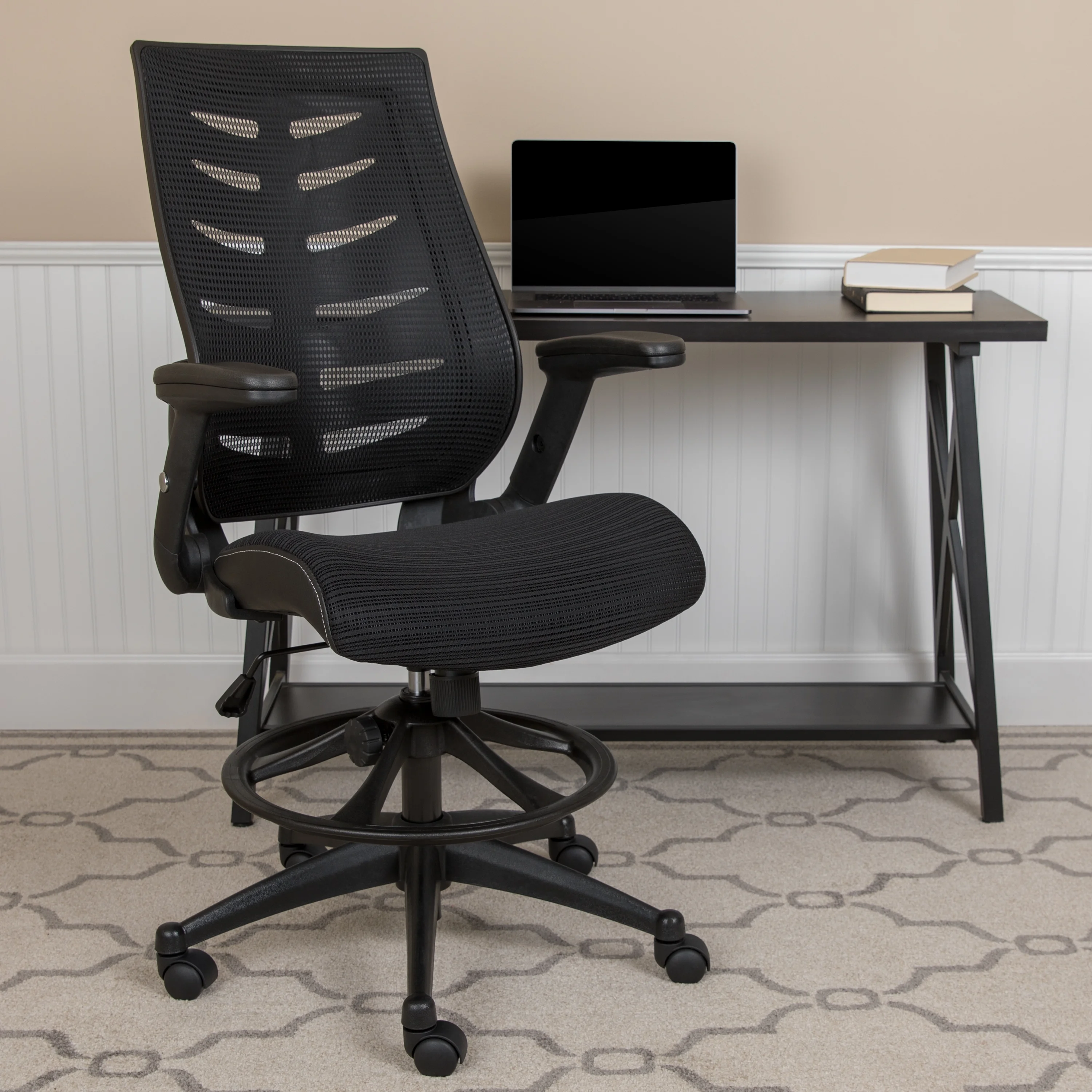Flash Furniture Kale High Back Black Mesh Spine-Back Ergonomic Drafting Chair with Adjustable Foot Ring and Adjustable Flip-Up Arms