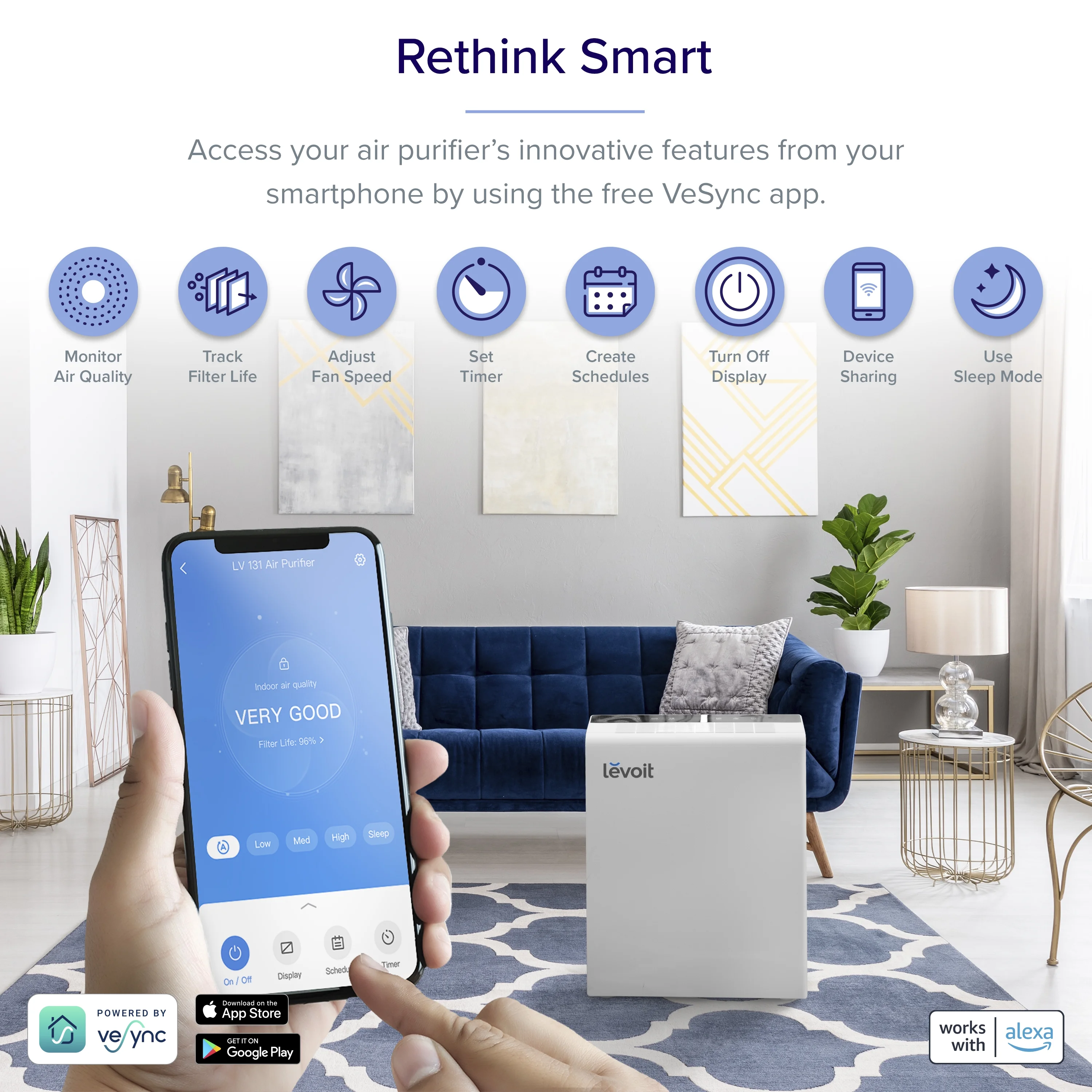 Levoit Smart Air Purifier LV-RH131S-WM, HEPA for Smoke & Odors, Bonus Filter, Energy Star